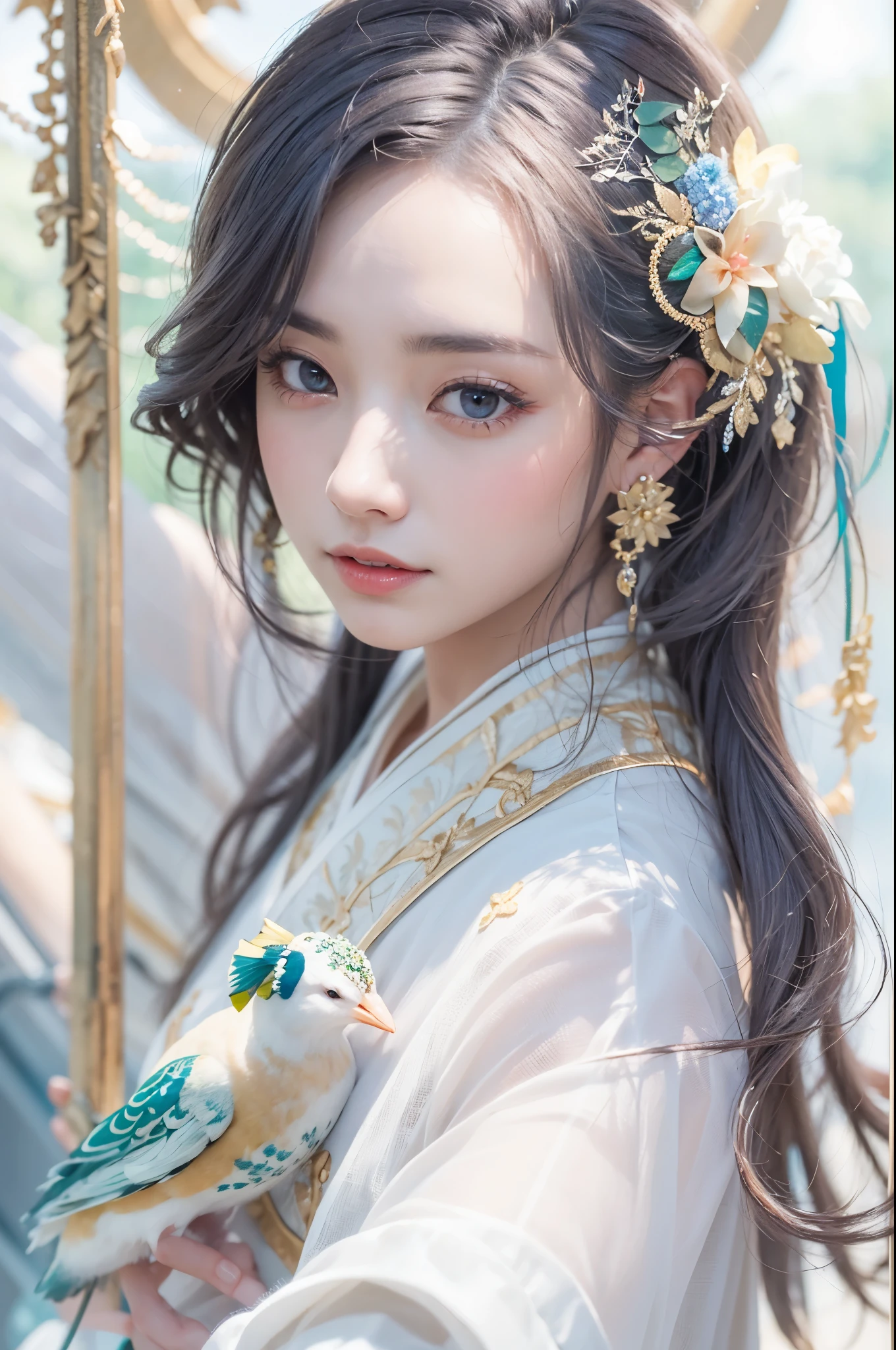 Best quality,masterpiece,16k,Artistic,Extra large animals,White peacock and beauty,Hanfu,Special effect,1girl,Dynamic poses,Looking at the camera,