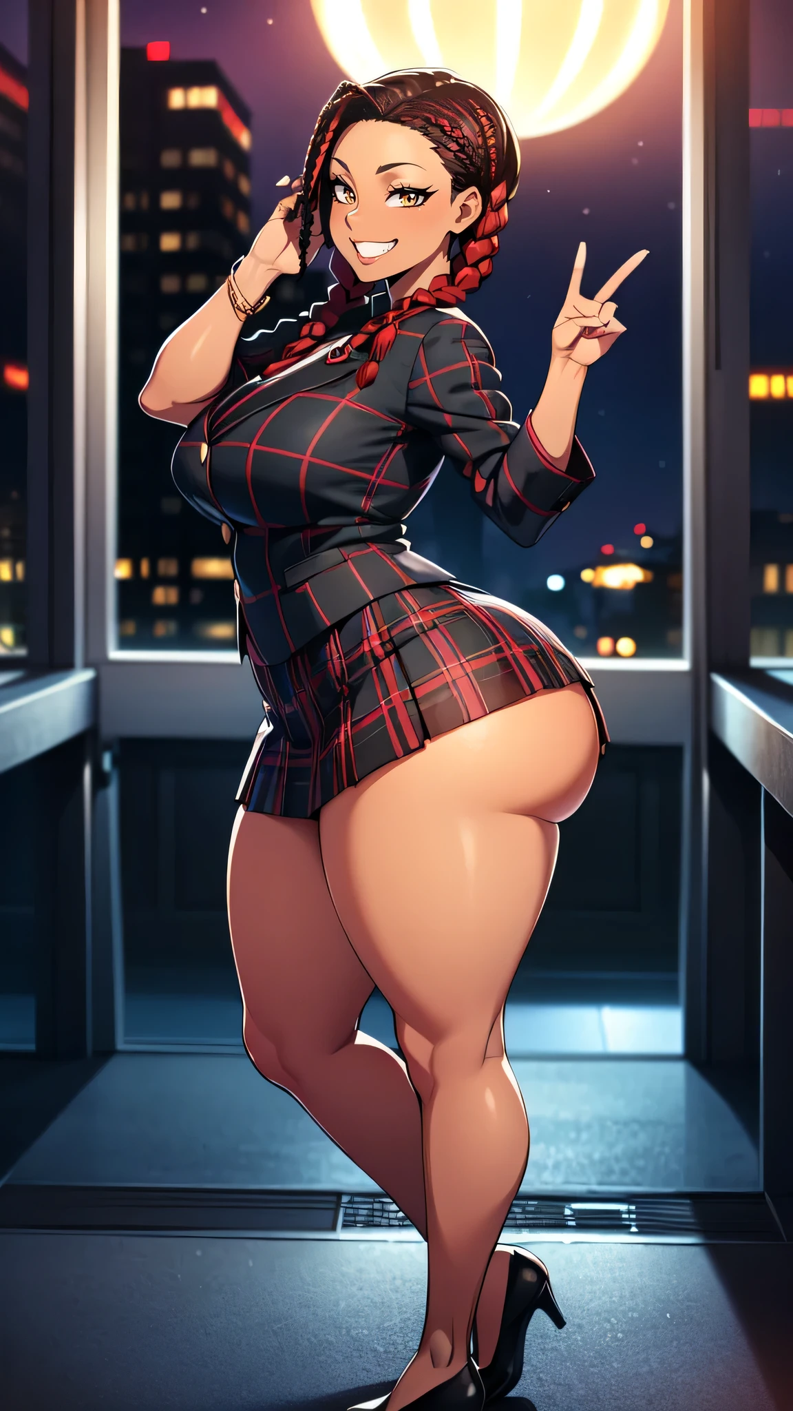 4K Quality, grinning, sexy pose, (black plaid skirt), standing up, ((black and red braids)), (dark skinned), thick thighs, big breasted, big ass, looking at viewer, amber eyes, night time, bedroom eyes, full body, city background, perfect face, perfect body, perfect eyes, full lips,