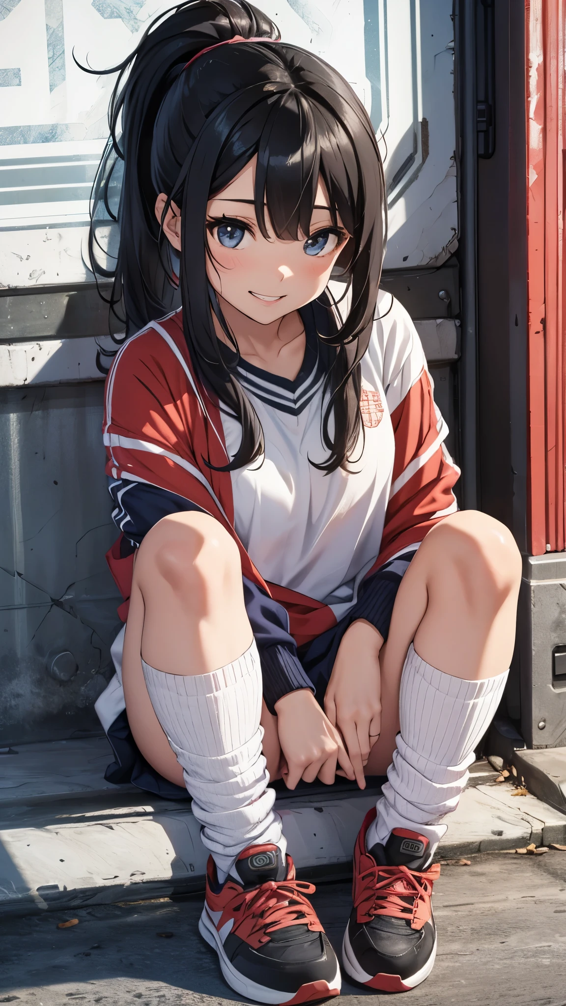 One  girl,ponytail hair,black hair,high ,grin,socks,pamps