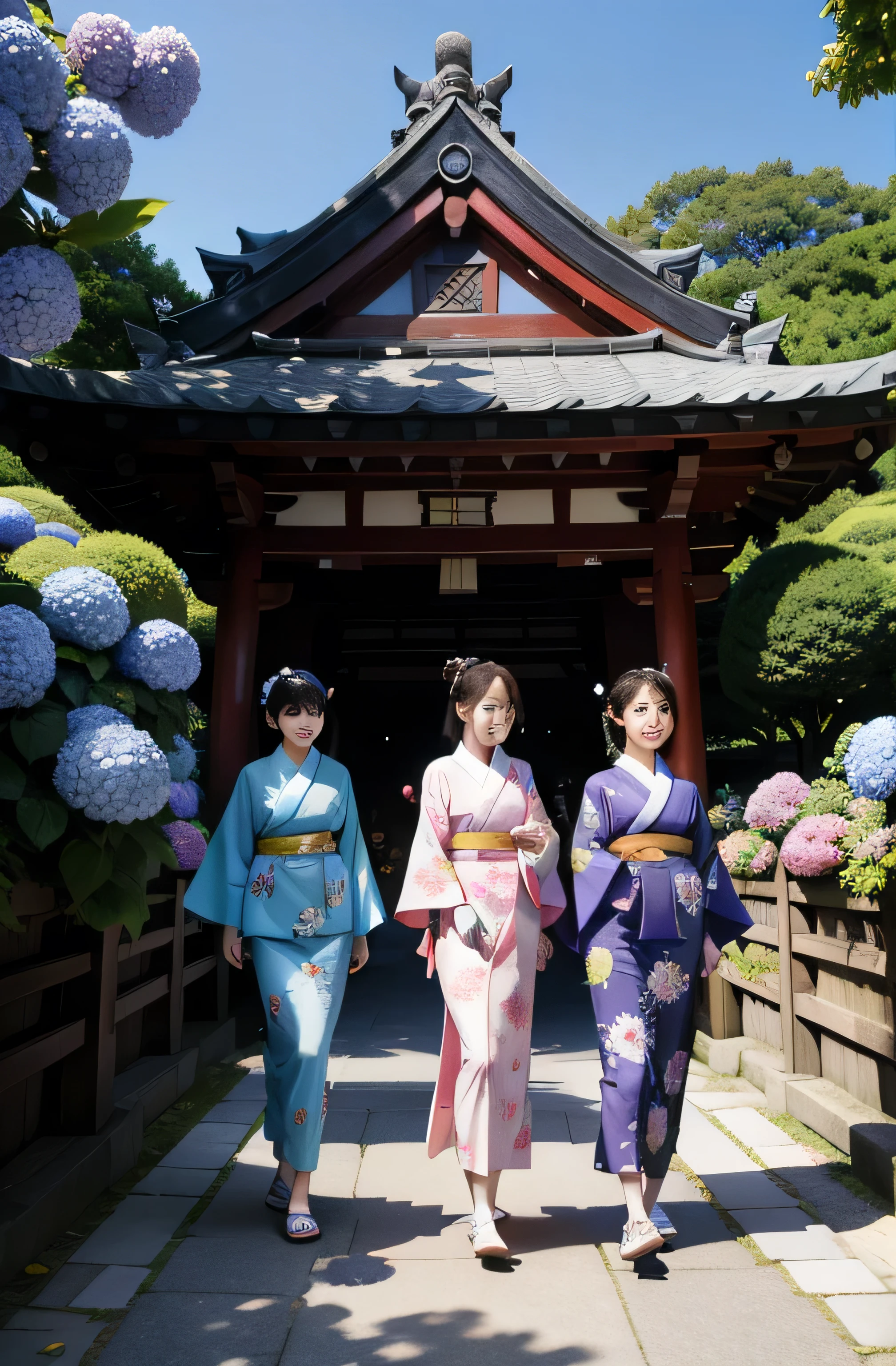 masterpiece,
 4K,
 8K,
 Several women walking along the approach to a shrine lined with blooming hydrangeas,
 Everyone is beautiful,
 It&#39;s raining so everyone is holding colorful umbrellas,
 All of them are wearing colorful yukatas.,
 Full Body Shot,
 group.,