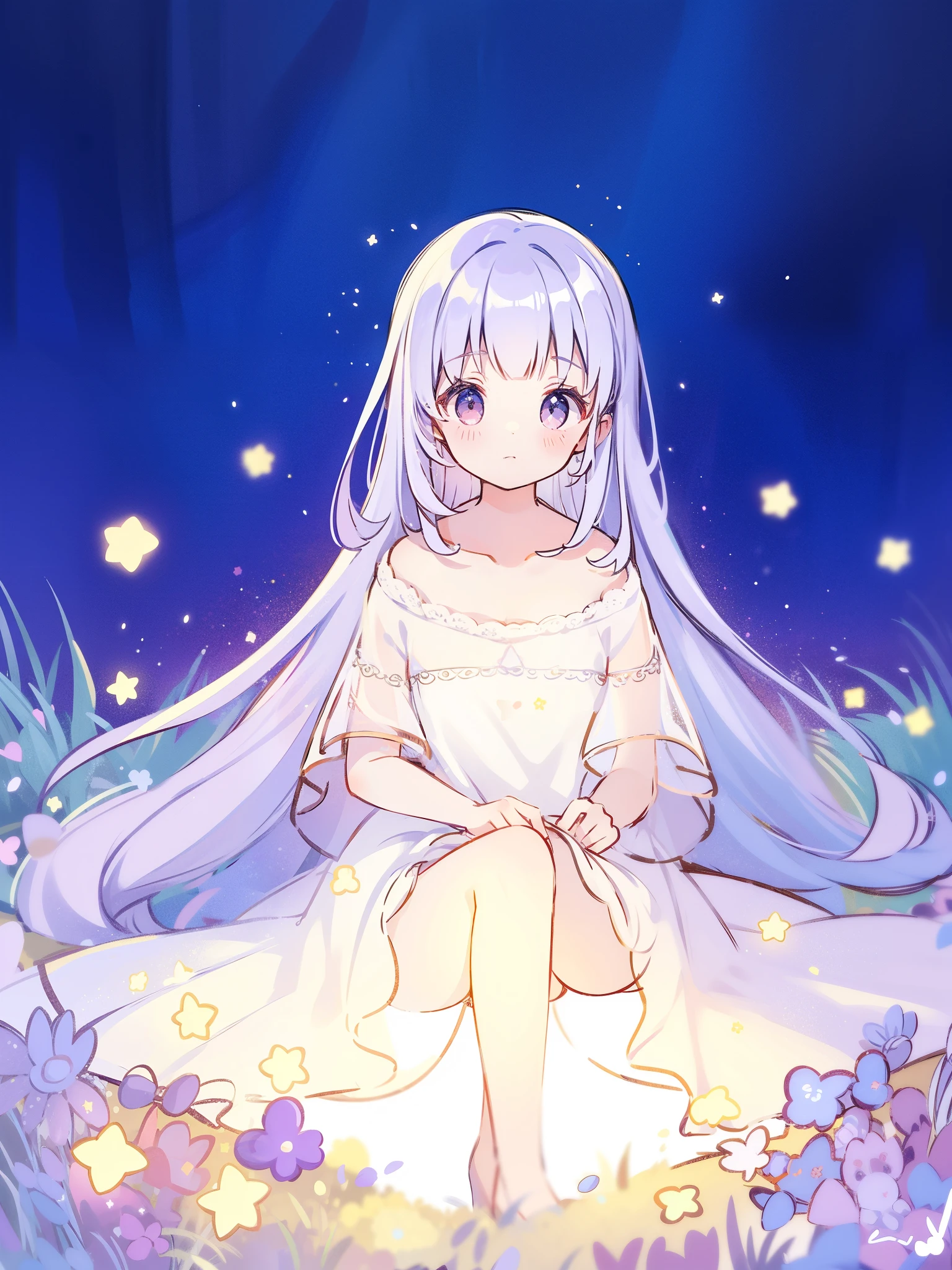 wishing stars, girl wearing an ethereal translucent white dress made of stars, pale lilac hair, magical, fantasy, whimsical, complex drawing, highly detailed, ethereal, starry night, midjourney style