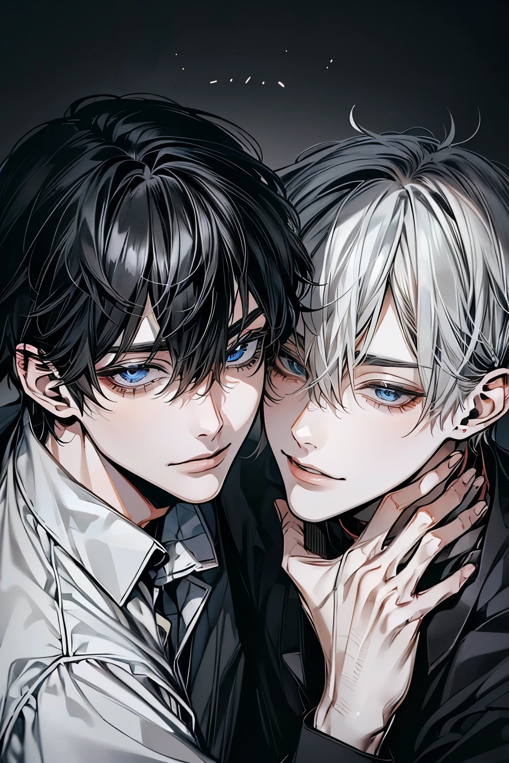 (Mastepiece), (Bestクォリティ), Very detailed, ((Two good friends:1.5)), Perfect Face, Beautiful Face, Very detailedな顔，(Black-haired man:1.3)，(Grey-haired man:1.3)、shirt、Best