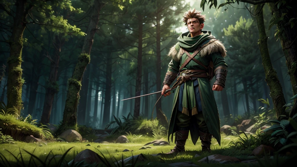 HUNTER×HUNTER,A detailed, cinematic portrait of a powerful, stoic-faced hunter in the wilderness, (best quality,4k,8k,highres,masterpiece:1.2),ultra-detailed,(realistic,photorealistic,photo-realistic:1.37),extremely detailed eyes and face, striking gaze, sharp features, rugged clothing, wielding a bow and arrow, standing amidst lush, verdant foliage, dramatic lighting, moody atmosphere, cinematic composition, (fantasy,adventure:1.1),(hunter,warrior:1.2),dark shadows,dramatic lighting,cinematic composition,atmospheric,mystical,epic scale