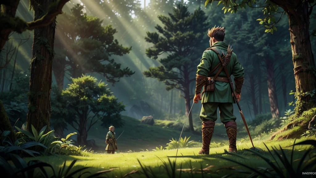 HUNTER×HUNTER,A detailed, cinematic portrait of a powerful, stoic-faced hunter in the wilderness, (best quality,4k,8k,highres,masterpiece:1.2),ultra-detailed,(realistic,photorealistic,photo-realistic:1.37),extremely detailed eyes and face, striking gaze, sharp features, rugged clothing, wielding a bow and arrow, standing amidst lush, verdant foliage, dramatic lighting, moody atmosphere, cinematic composition, (fantasy,adventure:1.1),(hunter,warrior:1.2),dark shadows,dramatic lighting,cinematic composition,atmospheric,mystical,epic scale