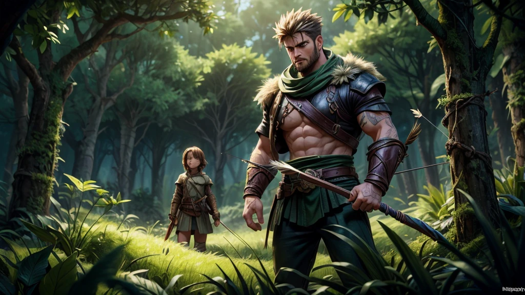 HUNTER×HUNTER,A detailed, cinematic portrait of a powerful, stoic-faced hunter in the wilderness, (best quality,4k,8k,highres,masterpiece:1.2),ultra-detailed,(realistic,photorealistic,photo-realistic:1.37),extremely detailed eyes and face, striking gaze, sharp features, rugged clothing, wielding a bow and arrow, standing amidst lush, verdant foliage, dramatic lighting, moody atmosphere, cinematic composition, (fantasy,adventure:1.1),(hunter,warrior:1.2),dark shadows,dramatic lighting,cinematic composition,atmospheric,mystical,epic scale