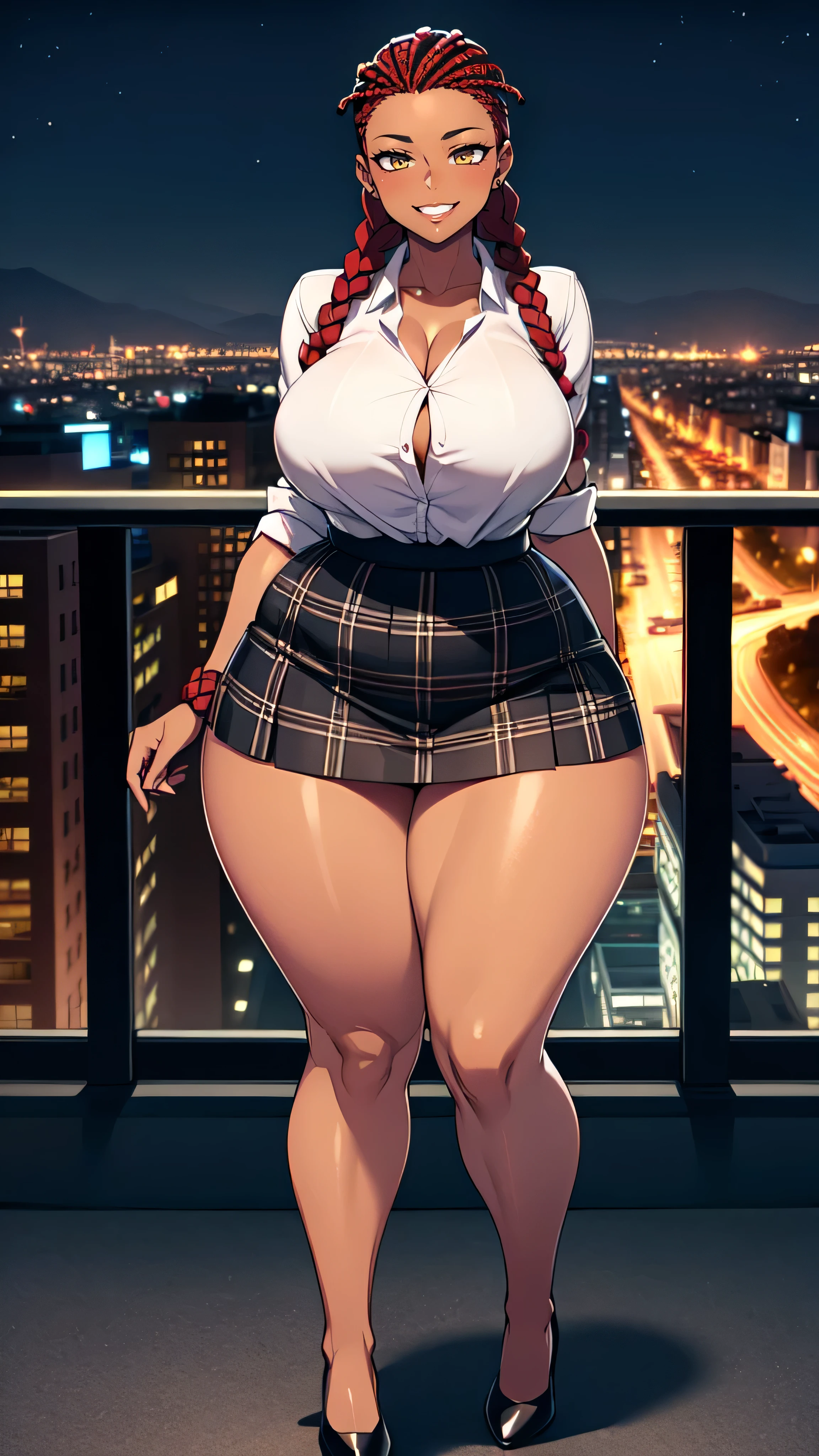4K Quality, grinning, sexy pose, (black plaid skirt), standing up, ((black and red braids)), (dark skinned), thick thighs, big breasted, big ass, looking at viewer, amber eyes, night time, bedroom eyes, full body, city background, perfect face, perfect body, perfect eyes, full lips,