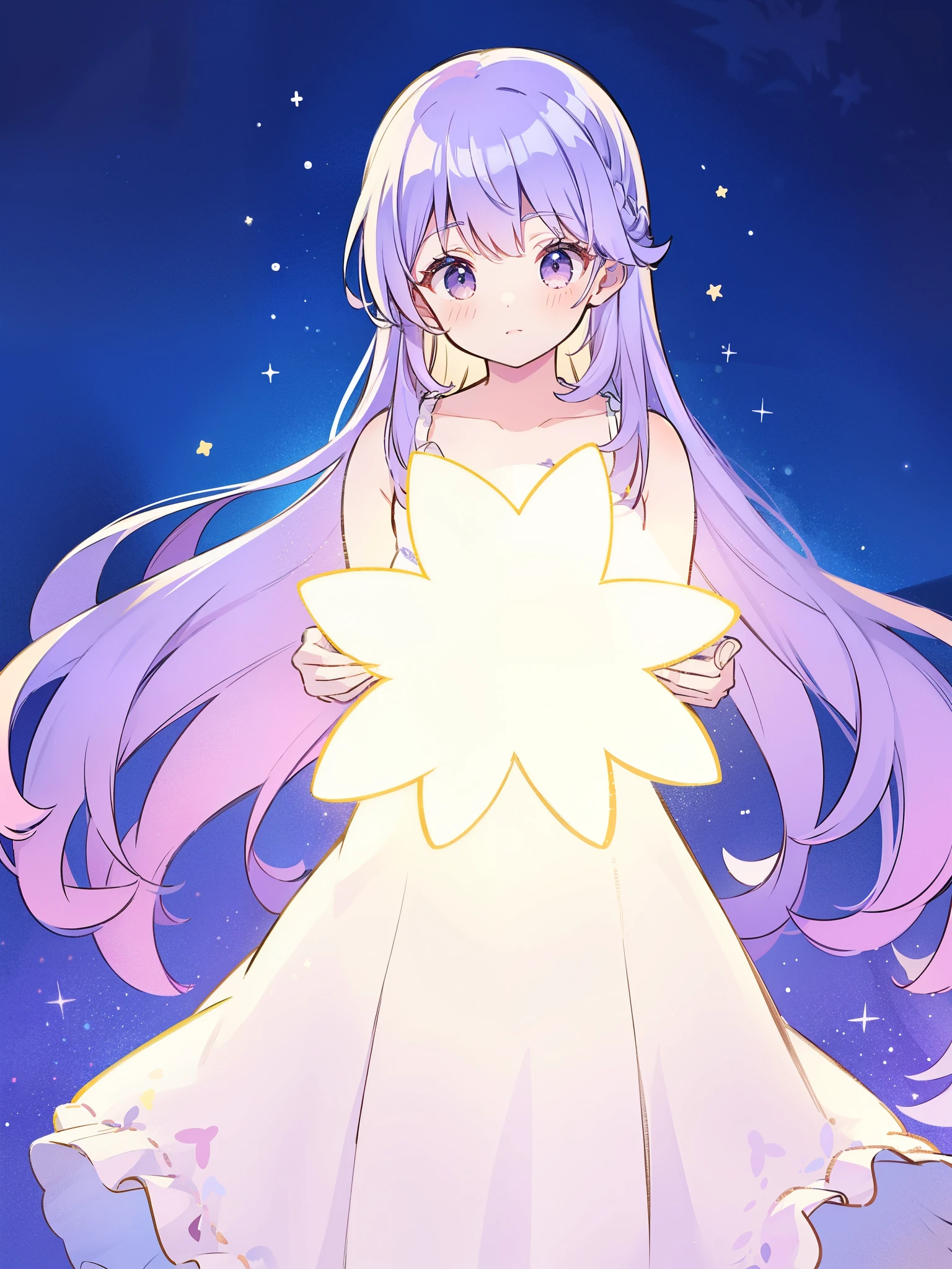 complex background, wishing star background, a woman wearing an ethereal gradient translucent dress that reflects the stars, purple blue hair, complex drawing, highly detailed, ethereal, starry night, midjourney style