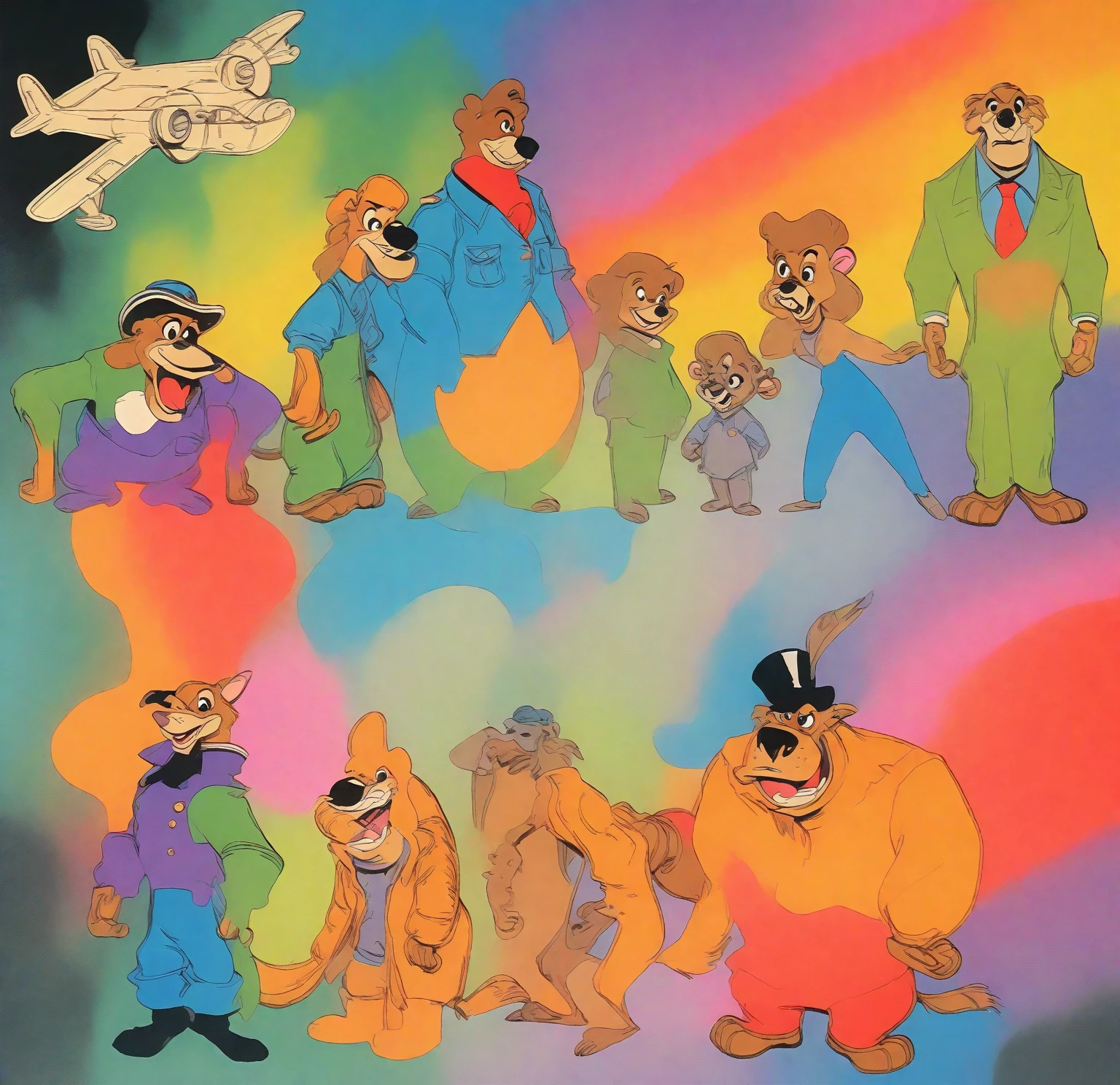 (Talespin 1990's cartoon homage), comic 1990's, animated tv show screengrab, Talespin cast dancing stanky boogie, cinematic poster, image within image, multiple exposure, massive scale, rich color grading for shading depth, hand drawn rotoscope cartoon realism, chiaroscuro lighting, mixed media, vintage comic, retro original design, 1990's comic, sense of movement energy, taking flight, tropical rot, rewilding, (full roygbiv color) ink charcoal expressive illustration, Talespin aesthetics