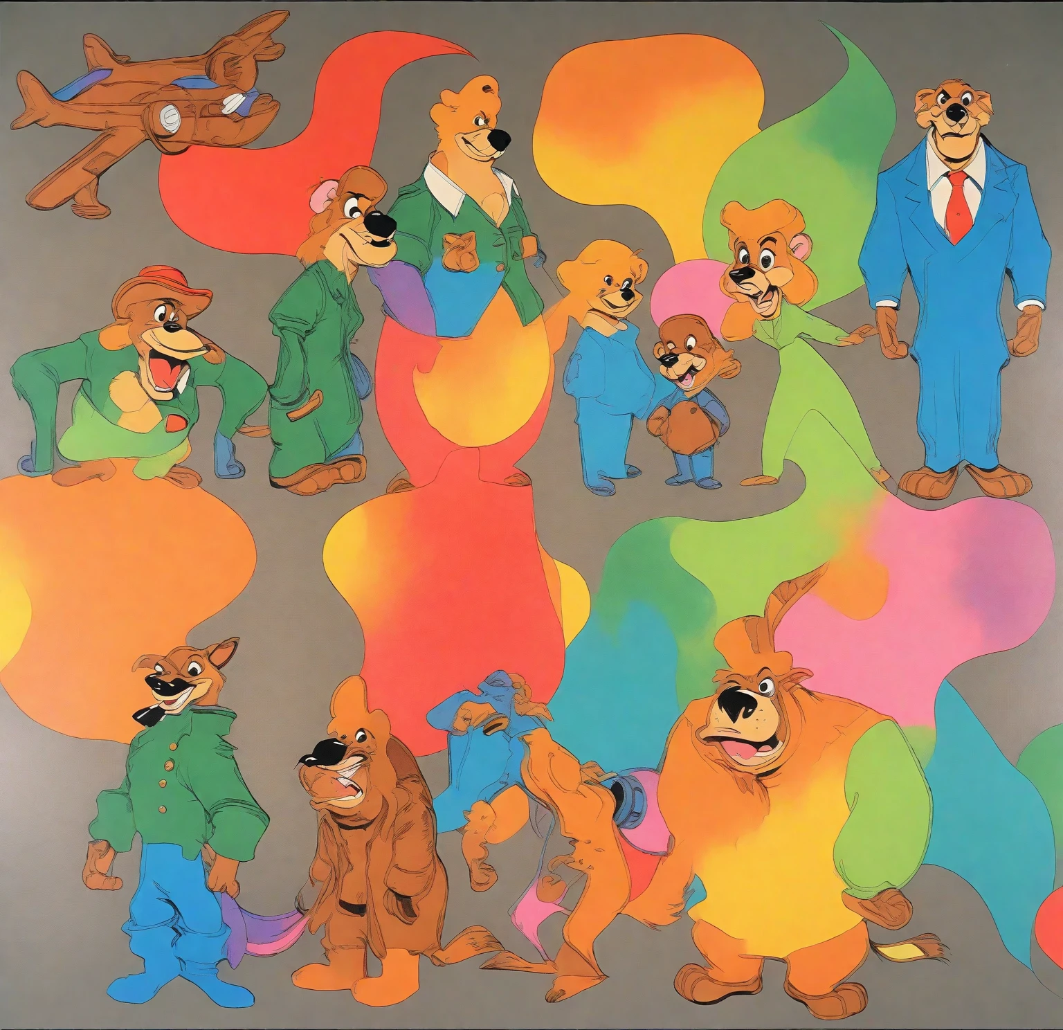 (Talespin 1990's cartoon homage), comic 1990's, animated tv show screengrab, Talespin cast dancing stanky boogie, cinematic poster, image within image, multiple exposure, massive scale, rich color grading for shading depth, hand drawn rotoscope cartoon realism, chiaroscuro lighting, mixed media, vintage comic, retro original design, 1990's comic, sense of movement energy, taking flight, tropical rot, rewilding, (full roygbiv color) ink charcoal expressive illustration, Talespin aesthetics