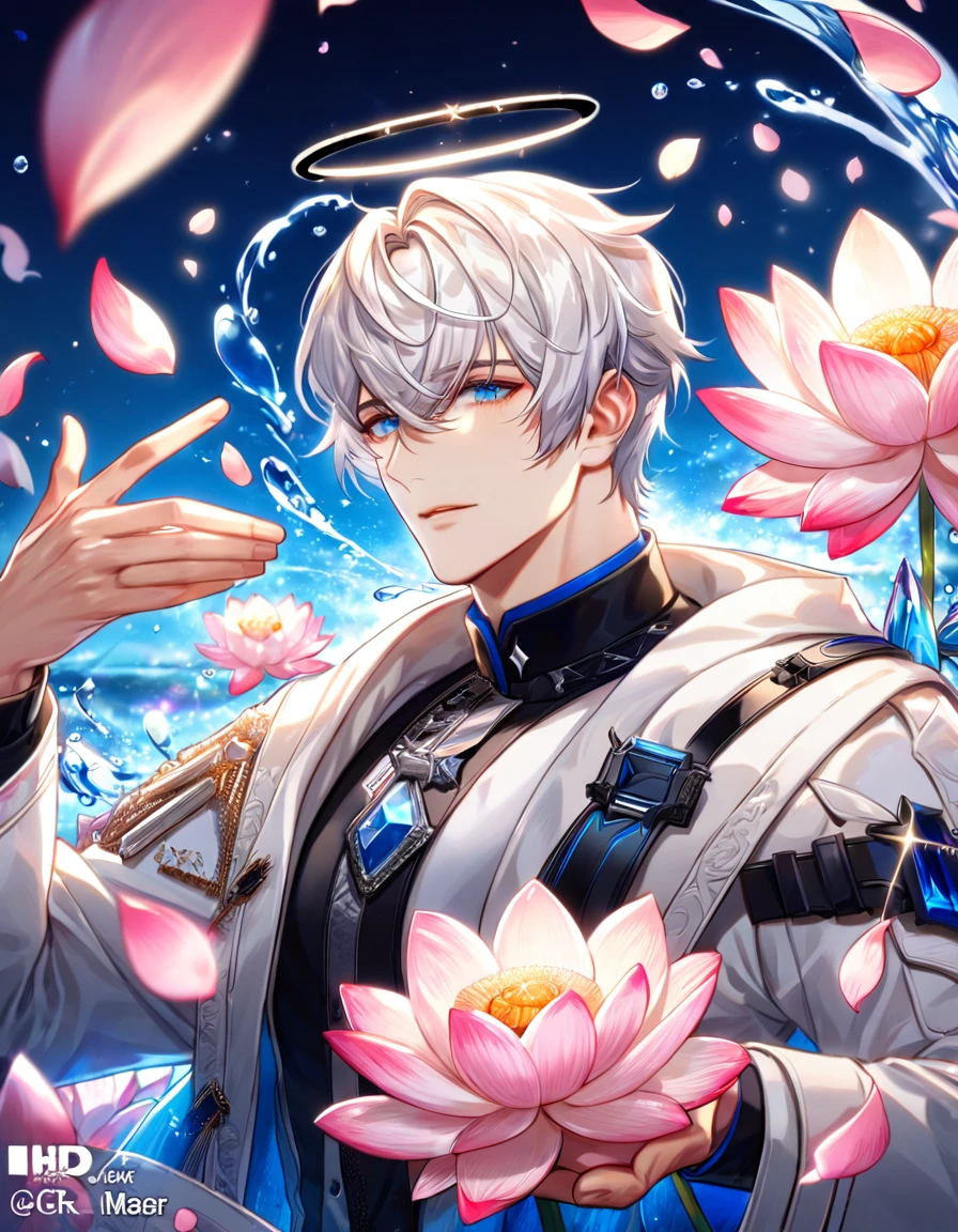 absurdres, highres, ultra detailed, HDR) master piece, best quality, Executor, white hair, expressive blue eyes, Arknights, white coat, black halo, solo, sexy man, handsome, magical fantasy, pink butterflies, glittering, sparkling, pink lotus, petals, radiant, water