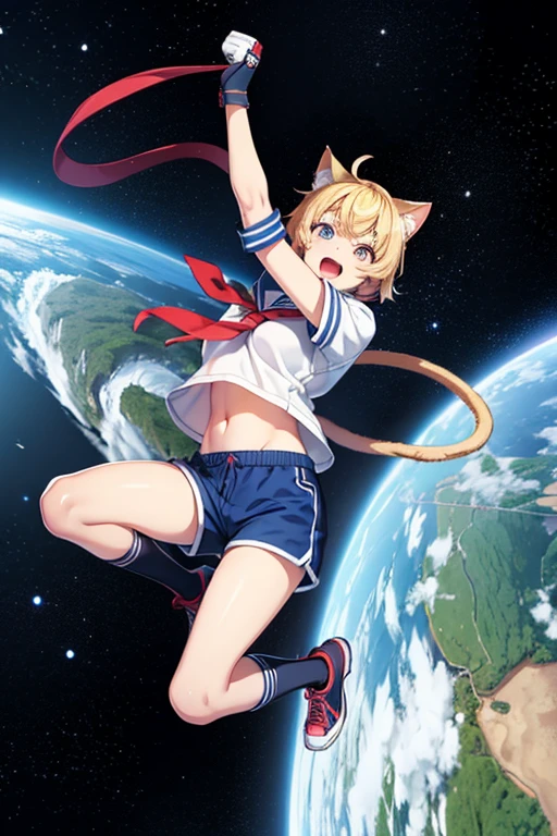 Anime drawings、Full body portrait、Space SF fighter、A woman with cat ears, around 155cm tall, around 16 years old, wearing a sailor uniform and blue shorts, is attacking with a clenched fist、Laughing with mouth open、The hairstyle is short、Blonde Hair、gloves、sports boots、Blue socks、He wears a blue bandana around his head、Cat-like eyes、navel