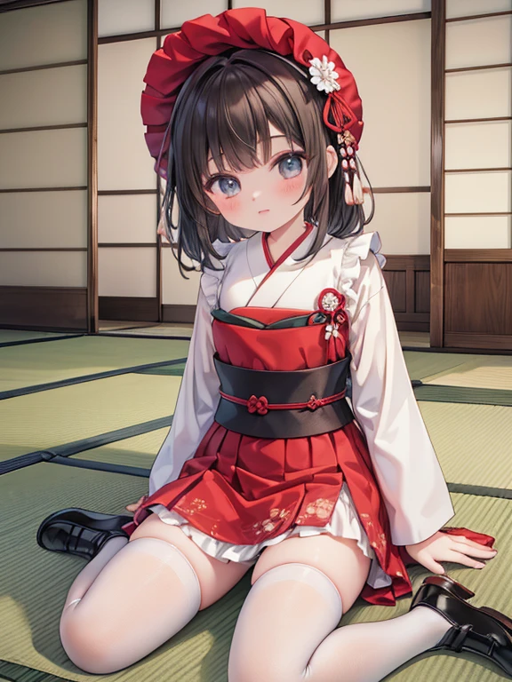 masterpiece, highest quality, Very detailed, 16k, Ultra-high resolution, Cowboy Shot, Detailed face, Perfect Fingers, 14-year-old girl, Japanese house, Tatami room, Japanese cushion, Sit upright, original outfit, bonnet, red dress,white pantyhosecup, black footwear