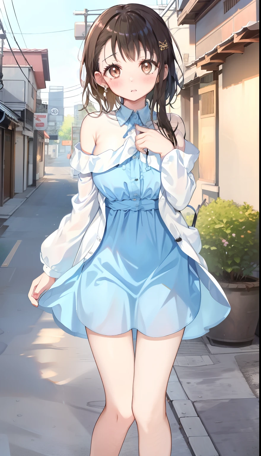 One Girl、positive、Standing posture、Full body portrait、Black Hair、Medium Haircut、blush、Absolute area、No panties、No bra、barefoot、Light blue dress、Off-the-shoulder dress、（Very large breasts）、Cleavage、((Lesbians around the world))、masterpiece、（highest quality）、、White heel sandals、Shirt buttons fly off、Unbutton your shirt、Exposing the breasts、Shopping Street、Skirt Front Lift