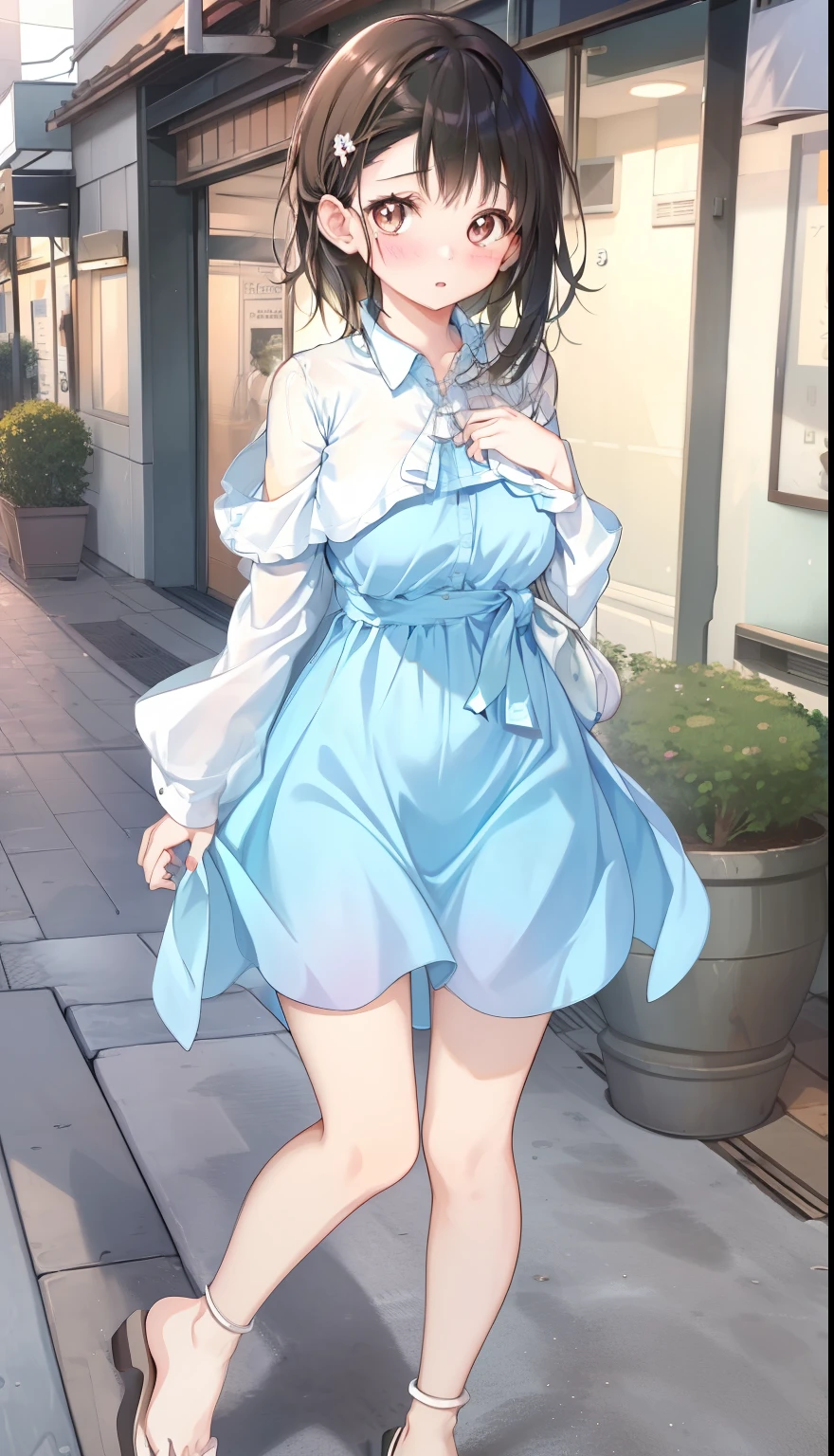 One Girl、positive、Standing posture、Full body portrait、Black Hair、Medium Haircut、blush、Absolute area、No panties、No bra、barefoot、Light blue dress、Off-the-shoulder dress、(Very large breasts)、Cleavage、((Lesbians around the world))、masterpiece、(highest quality)、、White heel sandals、Shirt buttons fly off、Unbutton your shirt、Exposing the breasts、Shopping Street、Skirt Front Lift