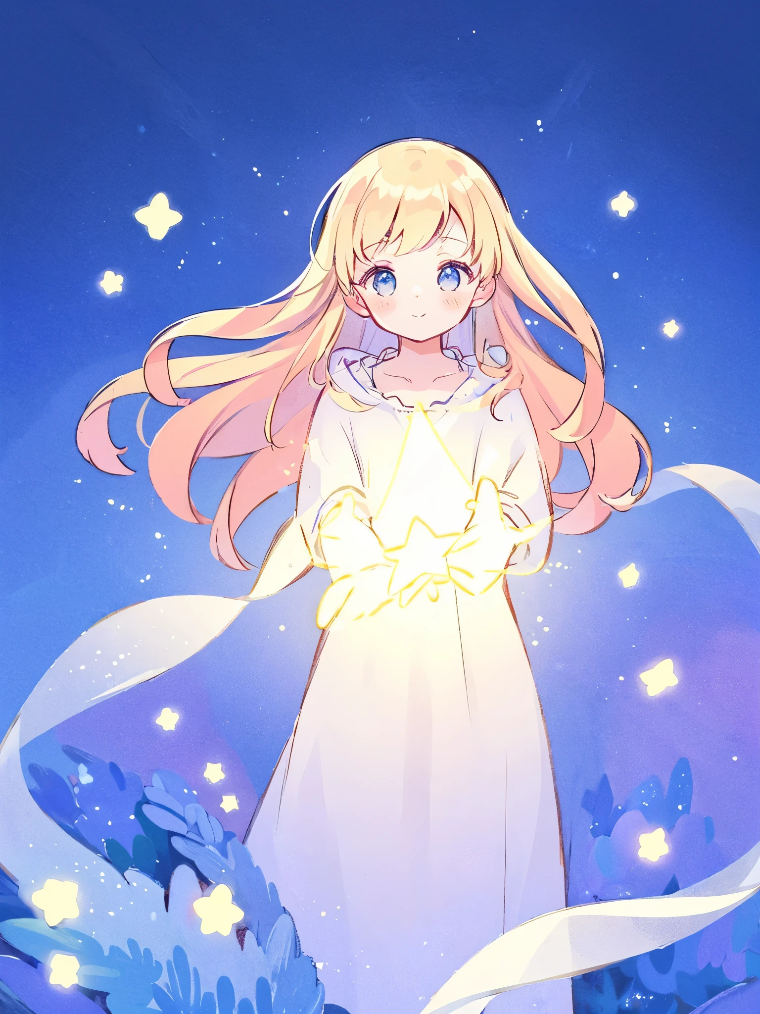cute style, complex background, wishing star background, a girl wearing an ethereal translucent dress that reflects the stars, glowing stars, complex drawing, highly detailed, ethereal, starry night, midjourney style