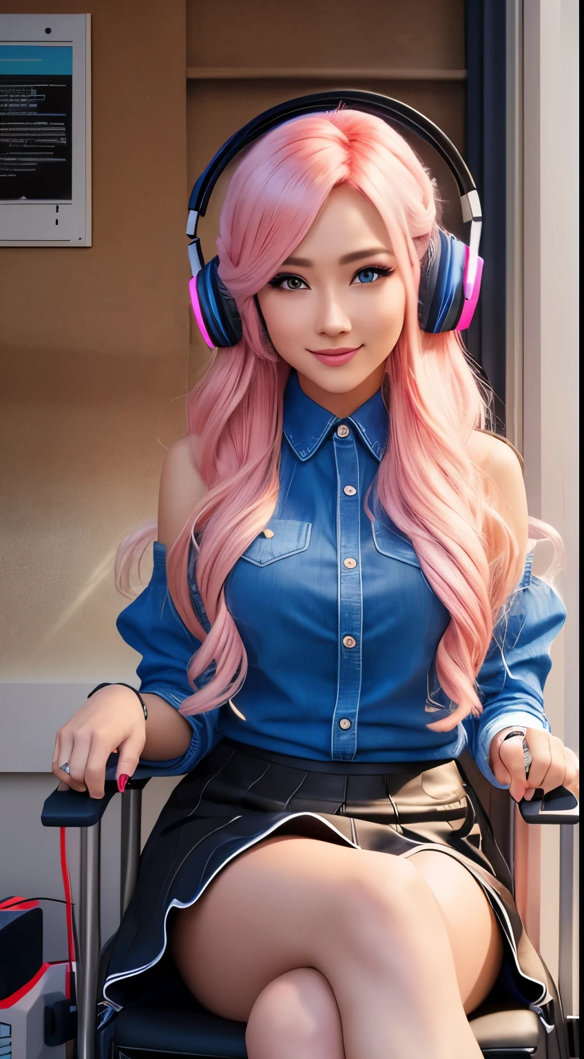 best quality, ultra high resolution, (photorealistic:1.4), (neon light pink and blue), beautiful face, long blonde hair, natural makeup, (PureErosFace_V1:0.8), | 1 Canadian woman, casual cloth, skirt, intricate design, earphone, | sitting in gaming chair, back of games room, streamer, player, pc for games, (smile)