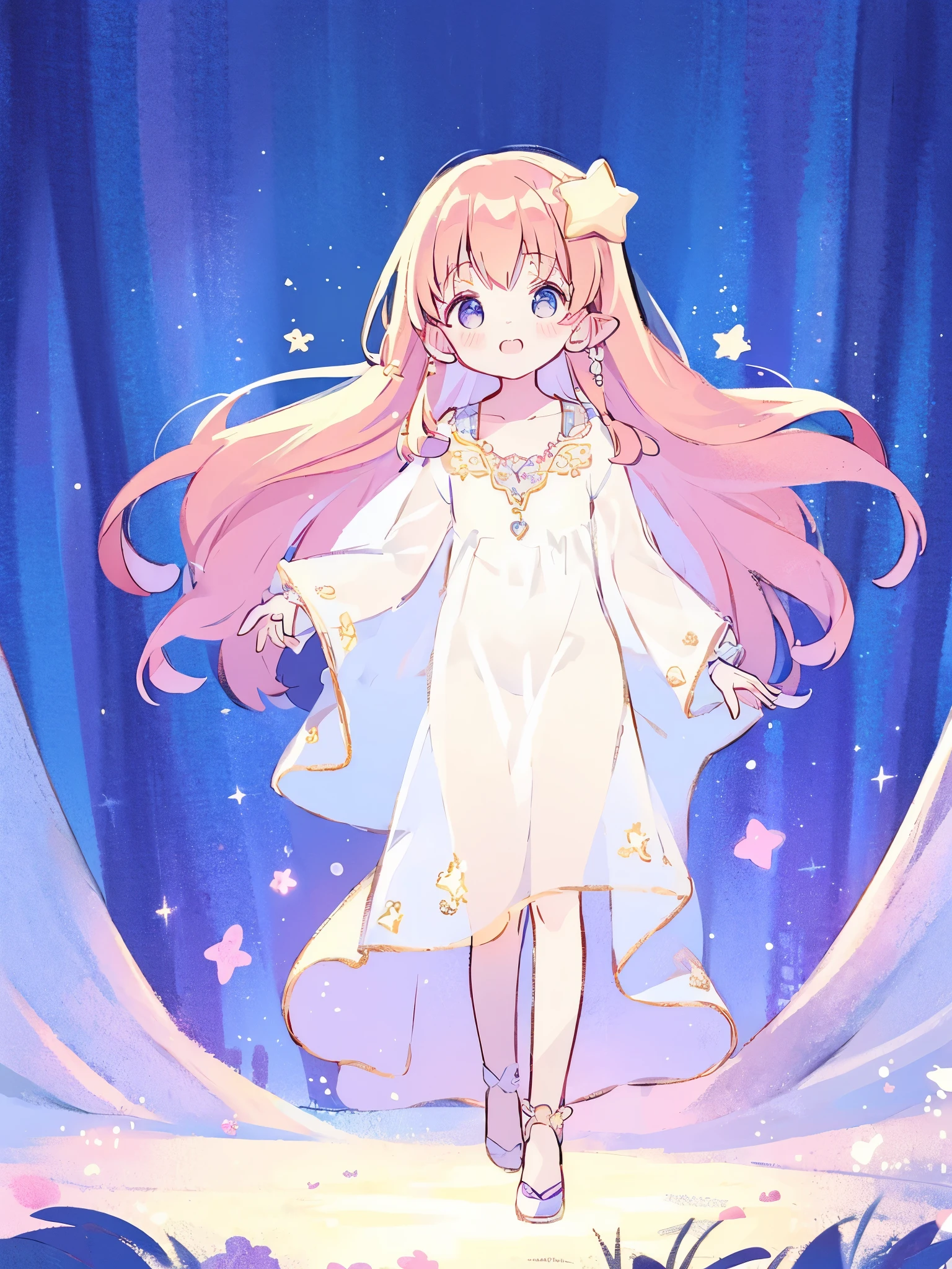 cute style, complex background, wishing star background, a girl wearing an ethereal translucent dress that reflects the stars, glowing stars, complex drawing, highly detailed, ethereal, starry night, midjourney style