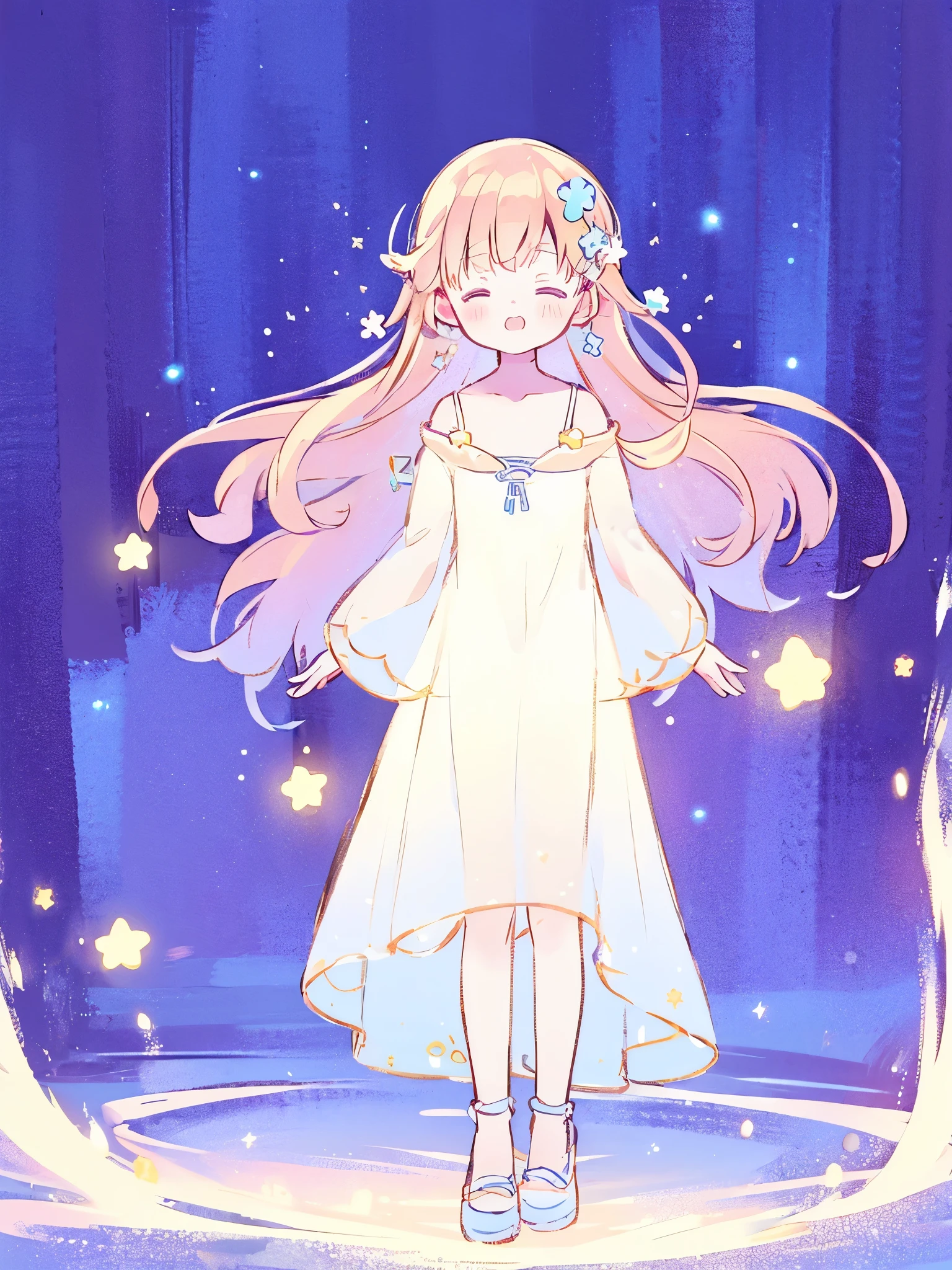 cute style, complex background, wishing star background, a girl wearing an ethereal translucent dress that reflects the stars, glowing stars, complex drawing, highly detailed, ethereal, starry night, midjourney style