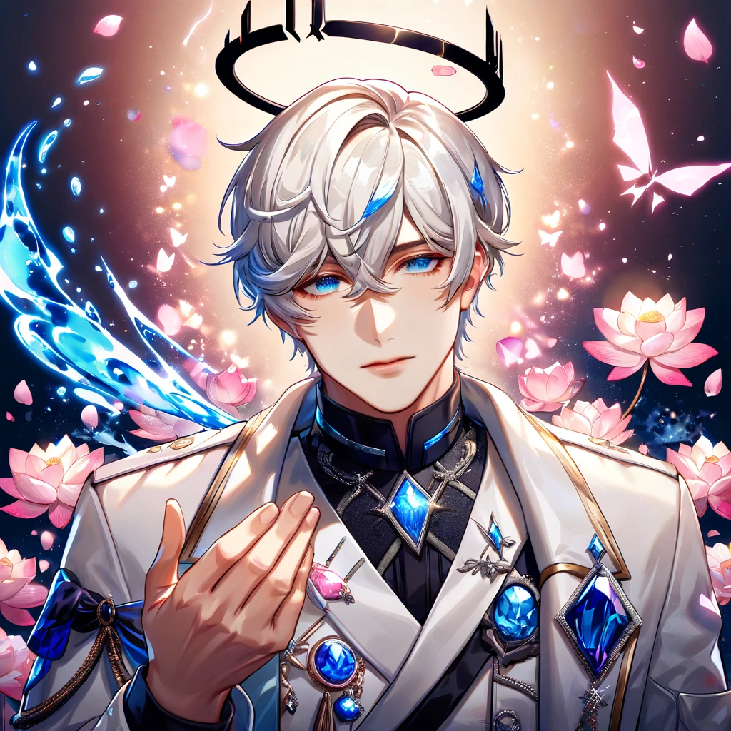 absurdres, highres, ultra detailed, HDR) master piece, best quality, Executor, white hair, expressive blue eyes, Arknights, white coat, black halo, solo, sexy man, handsome, magical fantasy, pink butterflies, glittering, sparkling, pink lotus, petals, radiant, water