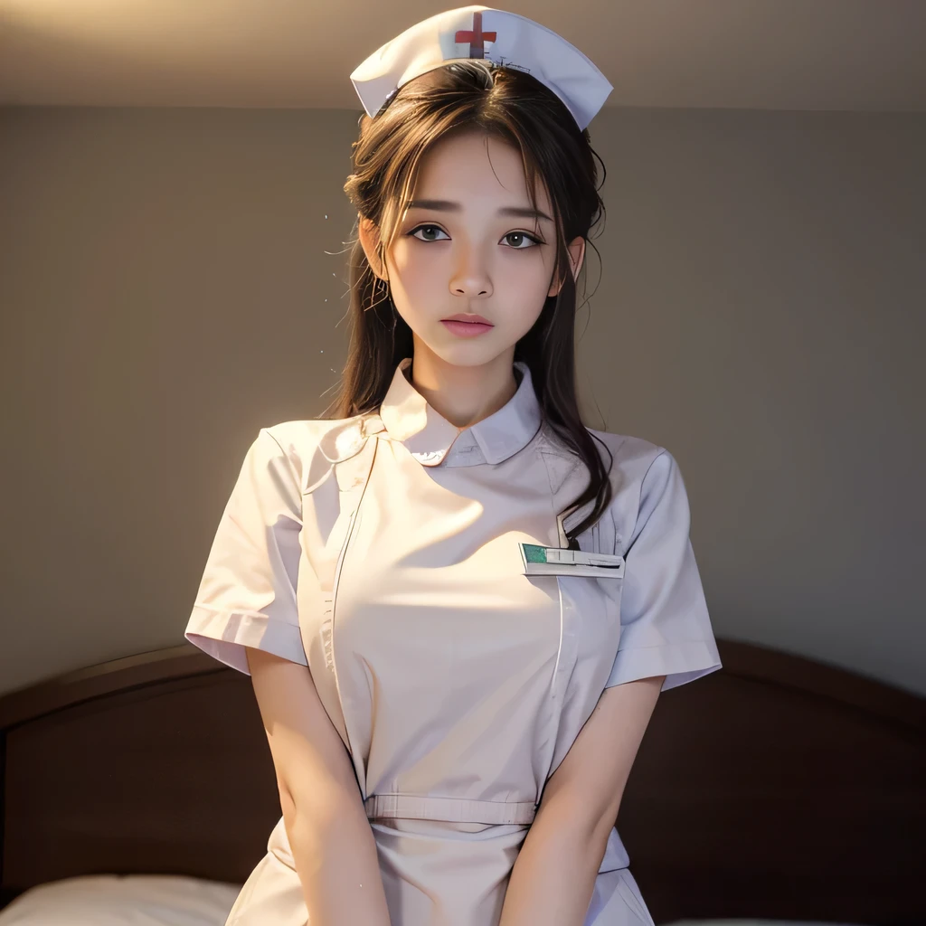 best quality,ultra-detailed,high resolution,extremely detailed CG,perfect anatomy,detailed,cinematic lighting,beautiful detailed eyes,ultra high res,1girl,15years old,gleaming skin,oil skin,sweat,humid,trembling,strong light coming in,spot lighting,bright,revealing,(sharp eye:1.2),(scowl:1.1),(stare at viewer with stern eyes:1.5),(bitting own lip:1.1),(angry:0.9),nose blush,(shamefull:1.2), surprised, (embarrassed,blush:1.3),nsfw,(ecstasy:1.3) ,(slut:1.2),(vulgarity:1.3),(fucked silly:1.1),(steam:1.1),(wet:0.8),(trembling:0.8),(tears:0.7) ,(drooling:0.6),(sweat:0.8),(look at viewer:1.2),(Nurse uniform:1.3),(Young:1.2),Japanese,(cowboy shot:1.5),(bed:1.2),large breasts