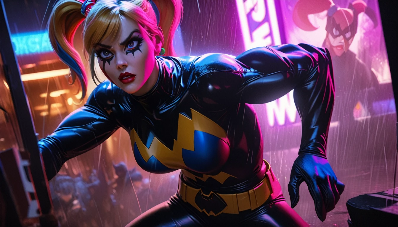 a detailed cartoon batman, batman the animated series, batman confronting the joker, harley quinn, henchmen, stopping a robbery, swanky setting, 90s cartoon art style, dramatic lighting, cinematic composition, highly detailed characters, vivid colors, masterpiece, (best quality,4k,8k,highres,masterpiece:1.2),ultra-detailed,(realistic,photorealistic,photo-realistic:1.37),extremely detailed eyes and face,longeyelashes,beautiful detailed eyes,beautiful detailed lips,dynamic action poses,cinematic camera angles,dramatic shadows,neon lighting,rain effects,moody atmosphere
