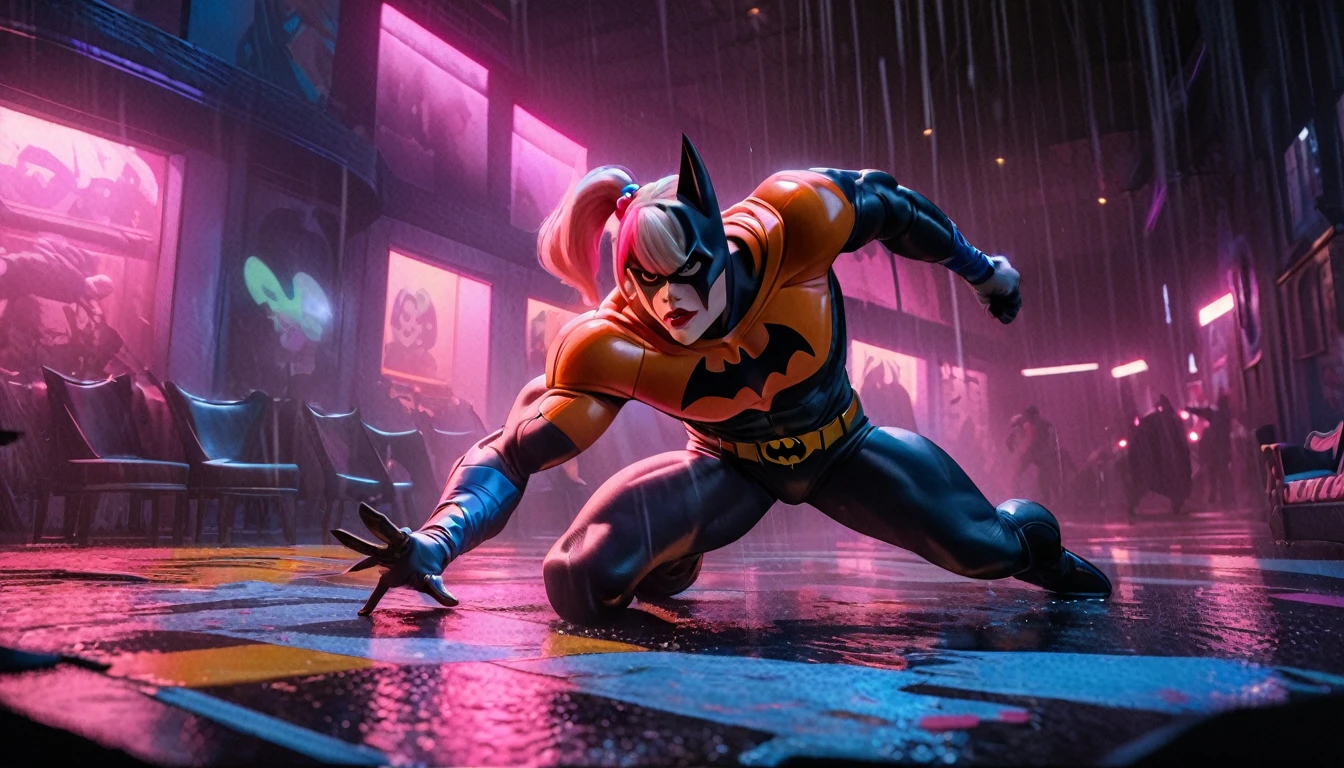 a detailed cartoon batman, batman the animated series, batman confronting the joker, harley quinn, henchmen, stopping a robbery, swanky setting, 90s cartoon art style, dramatic lighting, cinematic composition, highly detailed characters, vivid colors, masterpiece, (best quality,4k,8k,highres,masterpiece:1.2),ultra-detailed,(realistic,photorealistic,photo-realistic:1.37),extremely detailed eyes and face,longeyelashes,beautiful detailed eyes,beautiful detailed lips,dynamic action poses,cinematic camera angles,dramatic shadows,neon lighting,rain effects,moody atmosphere
