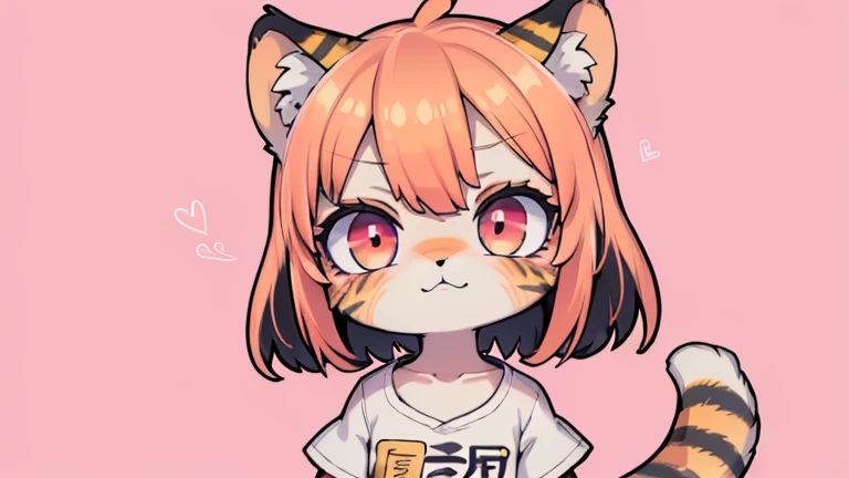 (obra maestra, Alta calidad, mejor calidad, 8K, high resolution), ((estilo chibii, Chibi lindo)), (solo, 1 girl), {Tiger Girl, cara de tigre, 2 colmillos, long eyelashes, delineador de ojos} {bigotes de tigre}, (((Piel de tigre por todo el cuerpo., Rayas de tigre en el cuerpo.))), (pelo naranja), cabello corto, Pinza para el cabello, [[Pinza para el cabello white flower on hair]], ((Muy feliz)), ((boca abierta)), ojos naranjas, [pupilas negras], ((buscando)), (very small breasts), brazos delgados, (un brazo arriba, un brazo hacia abajo), axilas, ((mini camiseta rosa, camiseta rosa completa)), {shorts blancos}, {{{mini cola de tigre, Cola en la espalda}}}, (cuerpo completo), (((de pie, jump angle))), dynamic pose, Fondo blanco, fondo sencillo, ((((Estilo Tora-chan no Hanayome)))), (old anime style 40s), estilo animado, anime color.