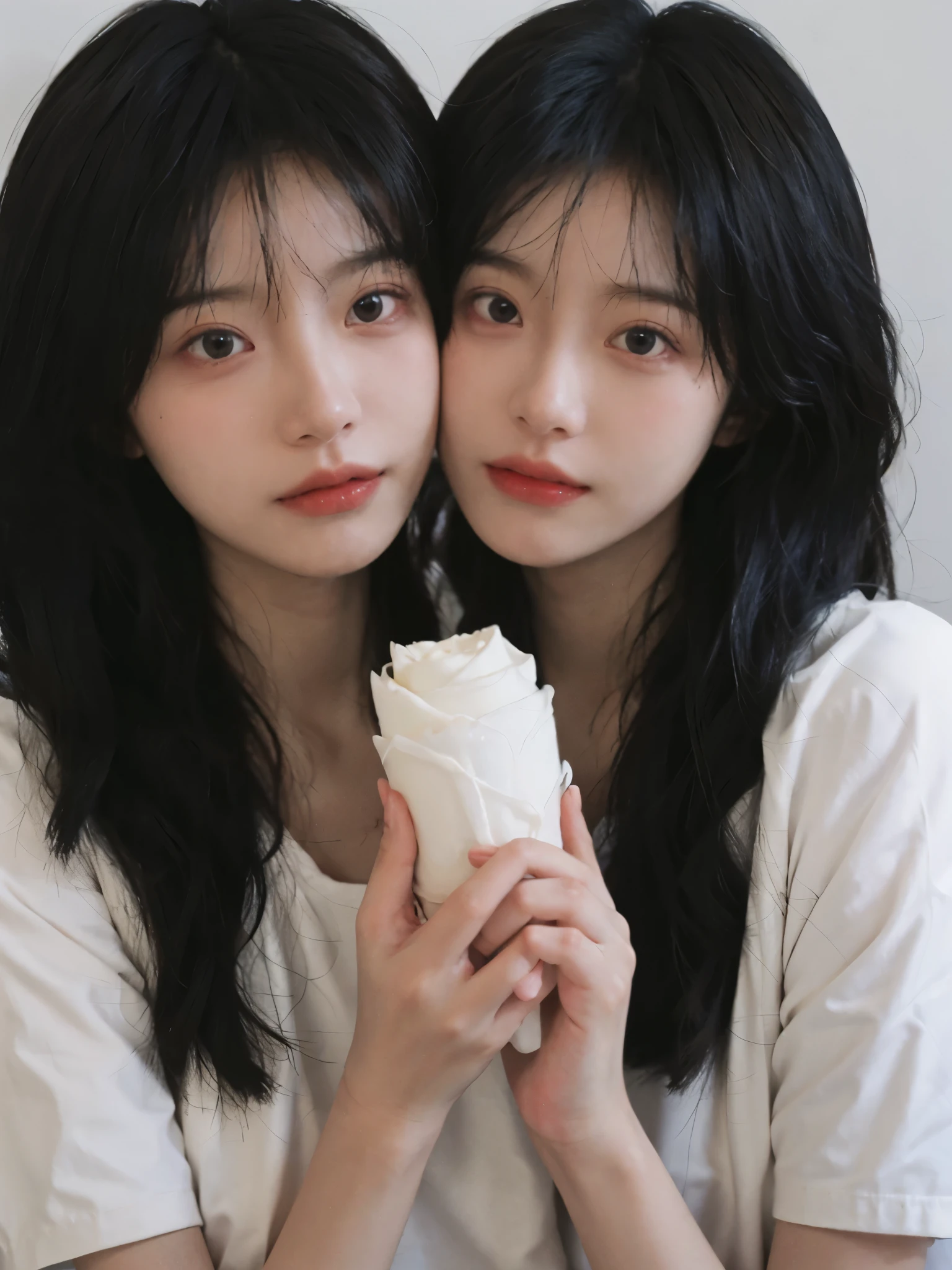 best quality， Ultra-high resolution， White background，（Realistically：1.4）， 2 girls， White short sleeve，twin? Rose Rain，A pair of eyes as clear as snow,Royal sisters，looking at the audience， close up ，