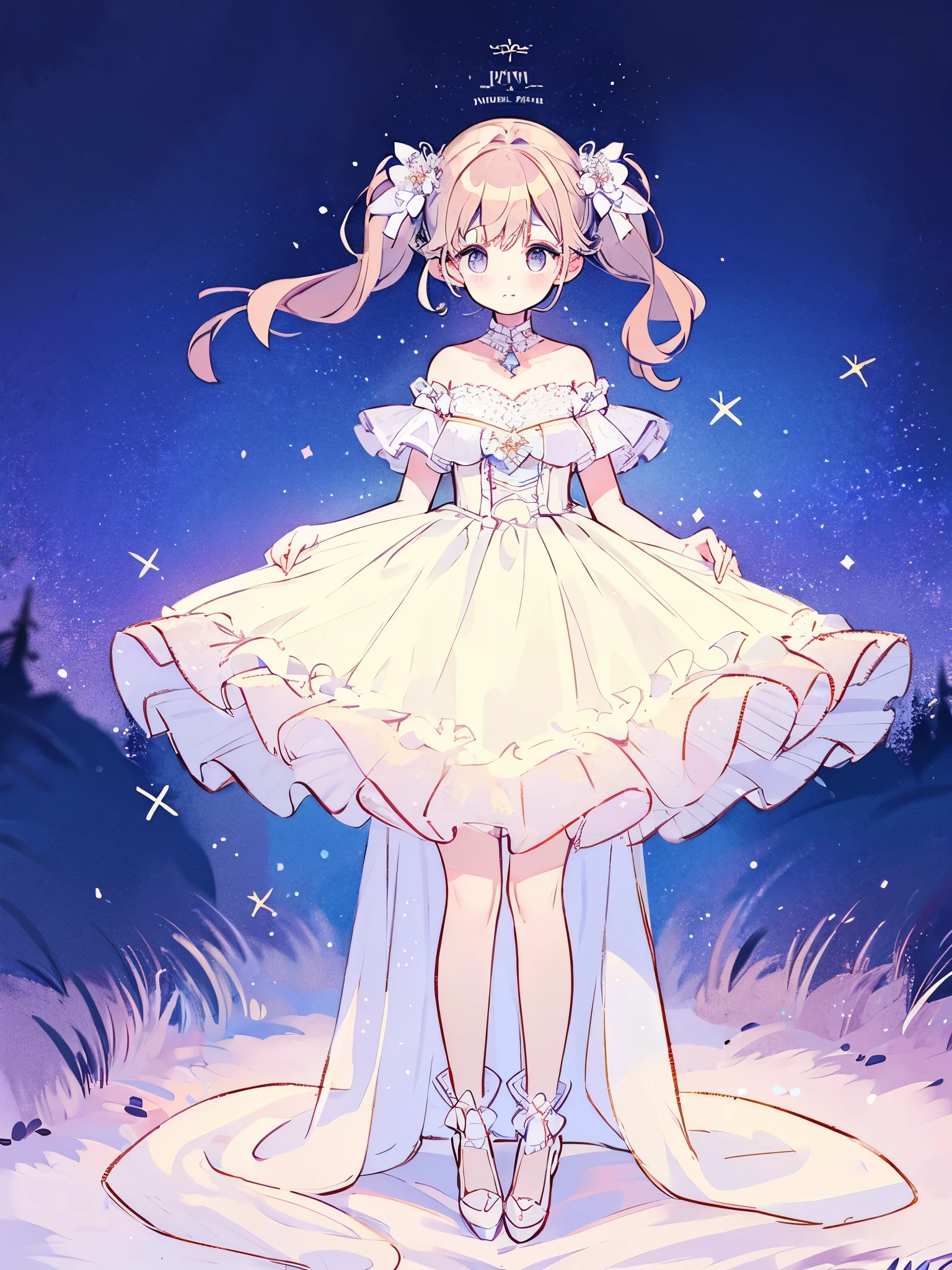 complex background, wishing star background, a woman wearing an ethereal layered ruffle ballgown, complex drawing, highly detailed, ethereal, starry night, midjourney style
