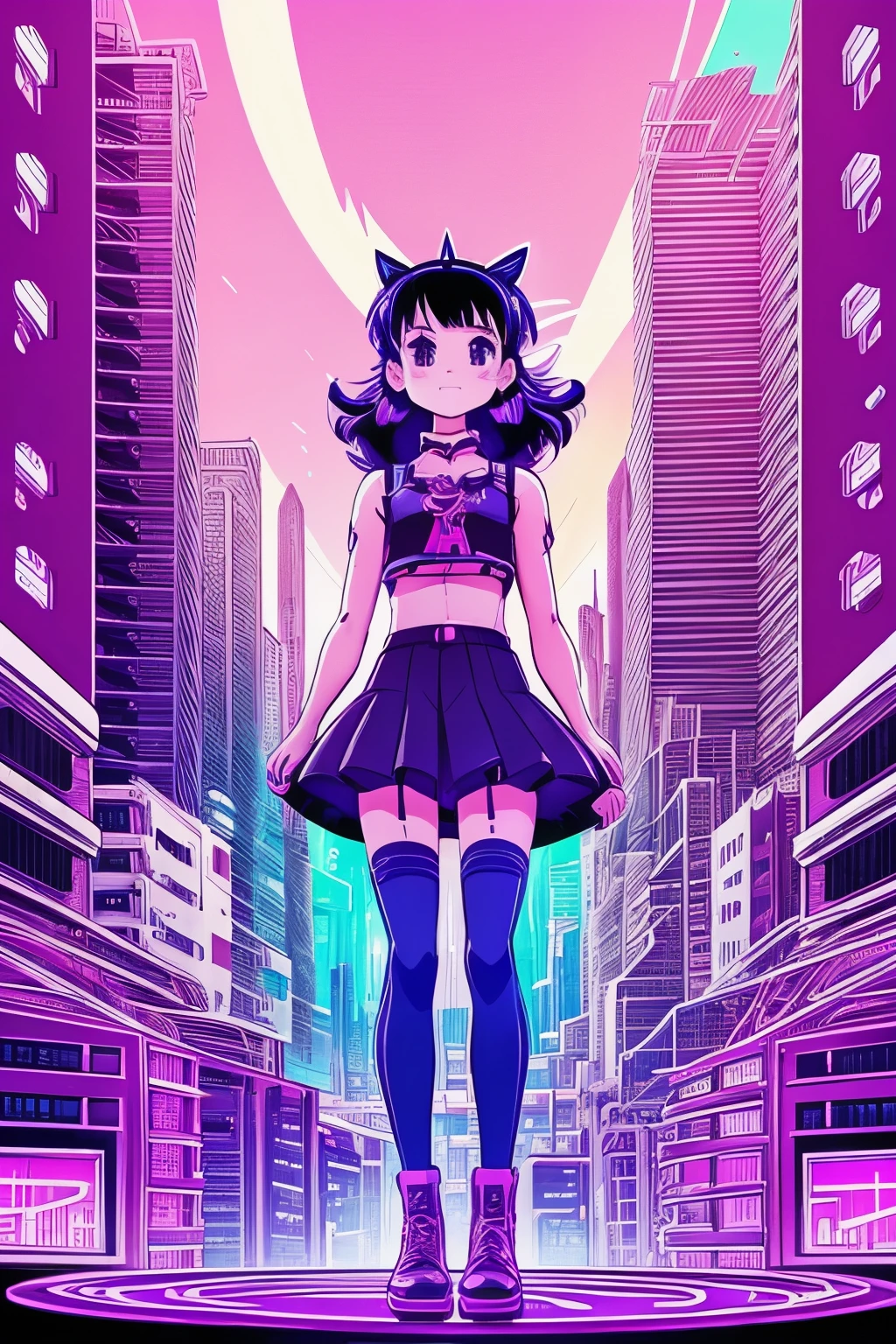 1girl, 90s cartoon character, cute anime style, colorful illustration, vibrant colors, neon cyberpunk, glowing neon lights, sci-fi futuristic city, detailed background, intricate cityscape, flying cars, holographic displays, advanced technology, dynamic composition, sharp focus, photorealistic, cinematic lighting, hyper detailed, 8k, masterpiece