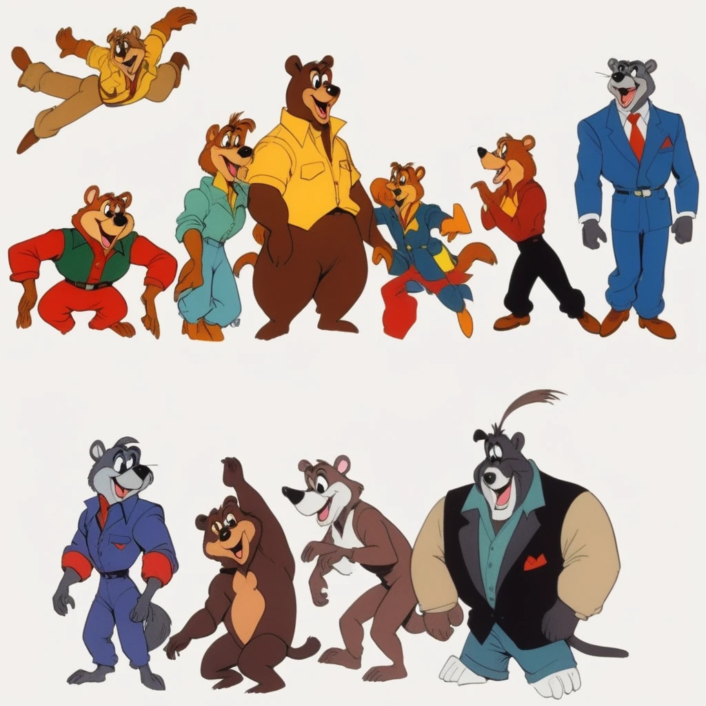 (Talespin 1990's cartoon homage), comic 1990's, animated tv show screengrab, Talespin bear cast dancing stanky boogie, cinematic poster, image within image, multiple exposure, massive scale, rich color grading for shading depth, hand drawn rotoscope cartoon realism, chiaroscuro lighting, mixed media, vintage comic, retro original design, 1990's comic, sense of movement energy, taking flight, tropical rot, rewilding, (full roygbiv color) ink charcoal expressive illustration, Talespin aesthetics