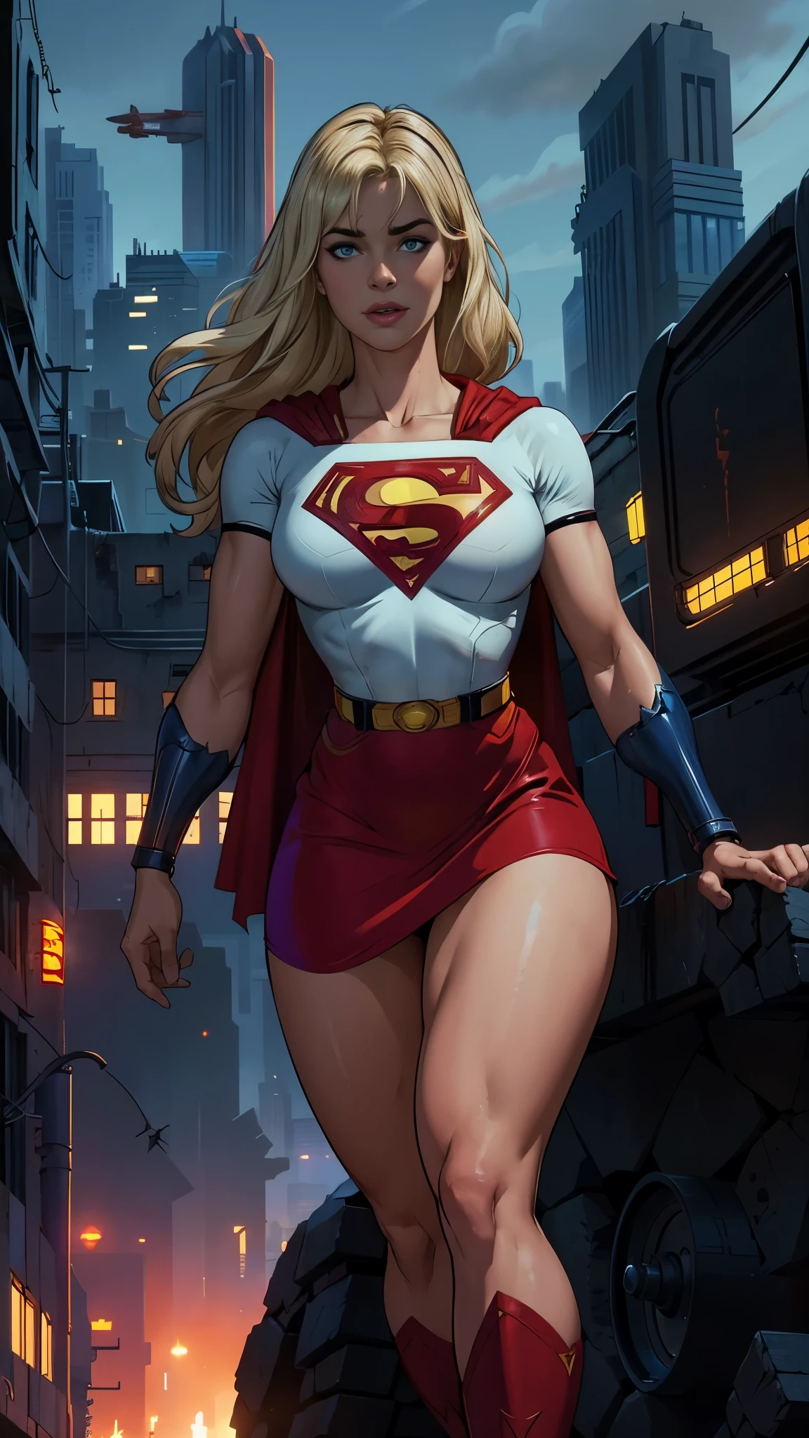 8K, Ultra HD, super details, high quality, high resolution. The heroine Supergirl looks beautiful in a full-length photo, her body is sculptural, her long wavy blonde hair is radiant in a perfect combination with her white skin, her bright blonde eyes mesmerize everyone. She is wearing her heroine outfit, a red skirt with a yellow belt, a very tight blue t-shirt with a big red S on the chest, Elta also wears a red cape and red boots. she looks very sexy drawing attention to her big breasts and thick legs as she flies through the sky.,(Fondo de ruinas de mazmorra en ruinas cyberpunk :1.4 ), (supergils superman :1.4), (vestuario white traje :1.4) 