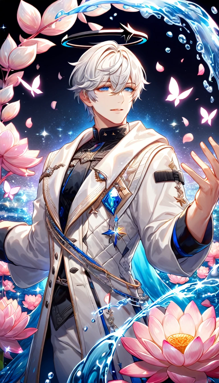 absurdres, highres, ultra detailed, HDR) master piece, best quality, Executor, white hair, expressive blue eyes, Arknights, white coat, black halo, solo, sexy man, handsome, magical fantasy, pink butterflies, glittering, sparkling, pink lotus, petals, radiant, water