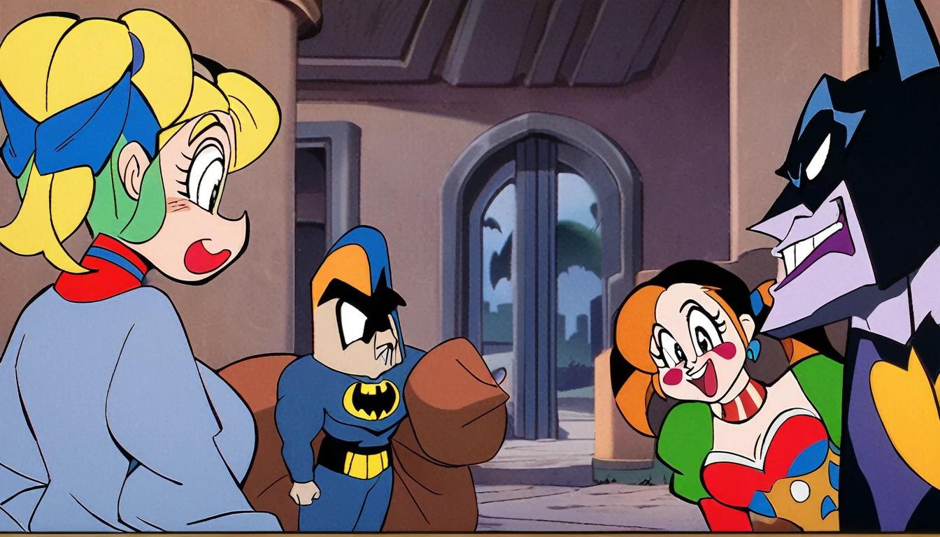 (90s cartoon, Batman the Animated series), Batman is confronting the Joker, Harley Quinn, and henchmen as he stops a robbery at a swanky .