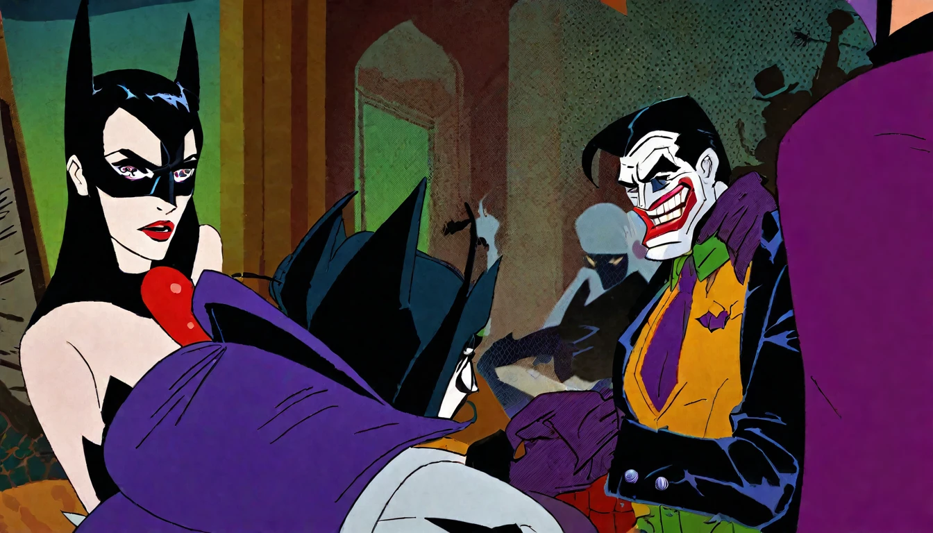 (90s cartoon, Batman the Animated series), Batman is confronting the Joker, Harley Quinn, and henchmen as he stops a robbery at a swanky .