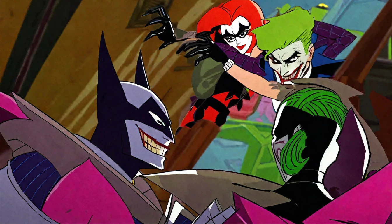 (90s cartoon, Batman the Animated series), Batman is confronting the Joker, Harley Quinn, and henchmen as he stops a robbery at a swanky .