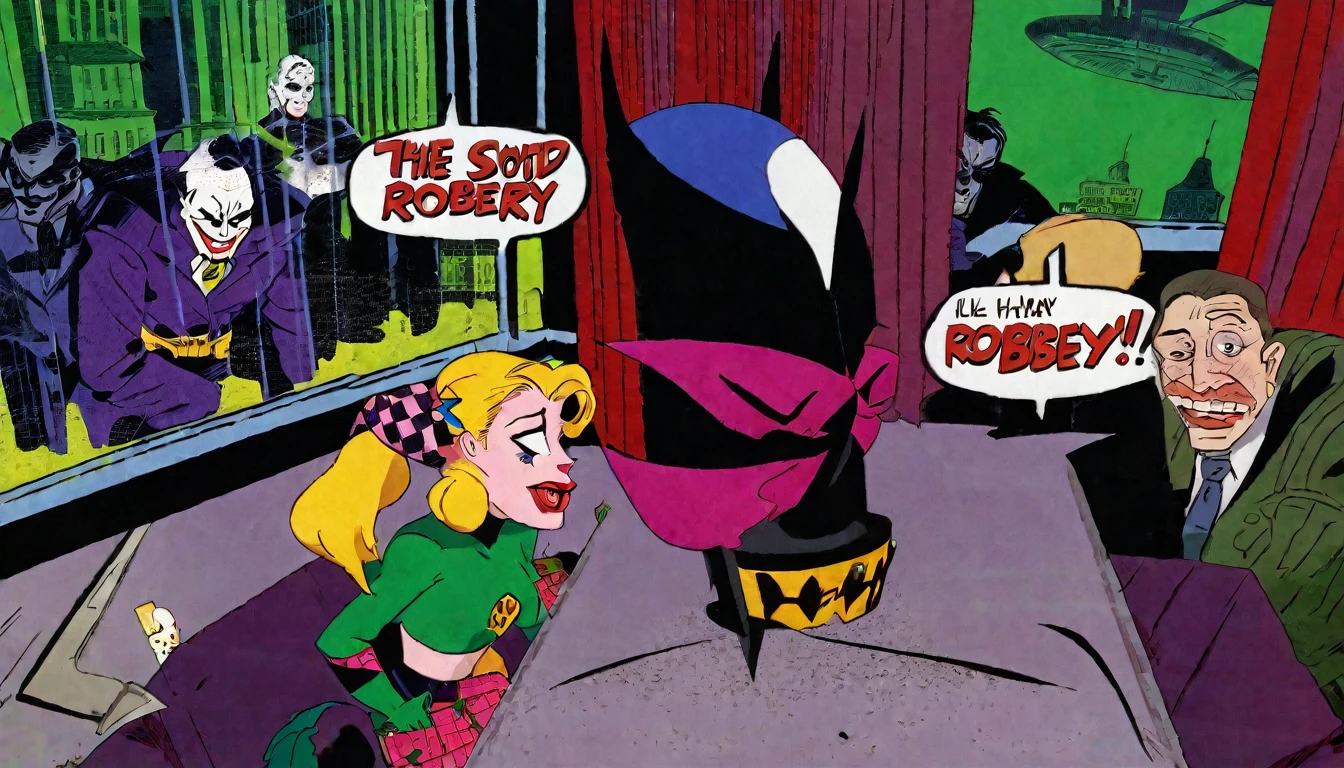 (90s cartoon, Batman the Animated series), Batman is confronting the Joker, Harley Quinn, and henchmen as he stops a robbery at a swanky .