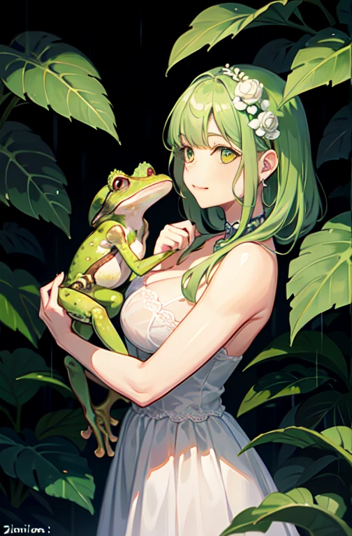 A mother and daughter tree frog take shelter from the rain under the teeth of a large hydrangea