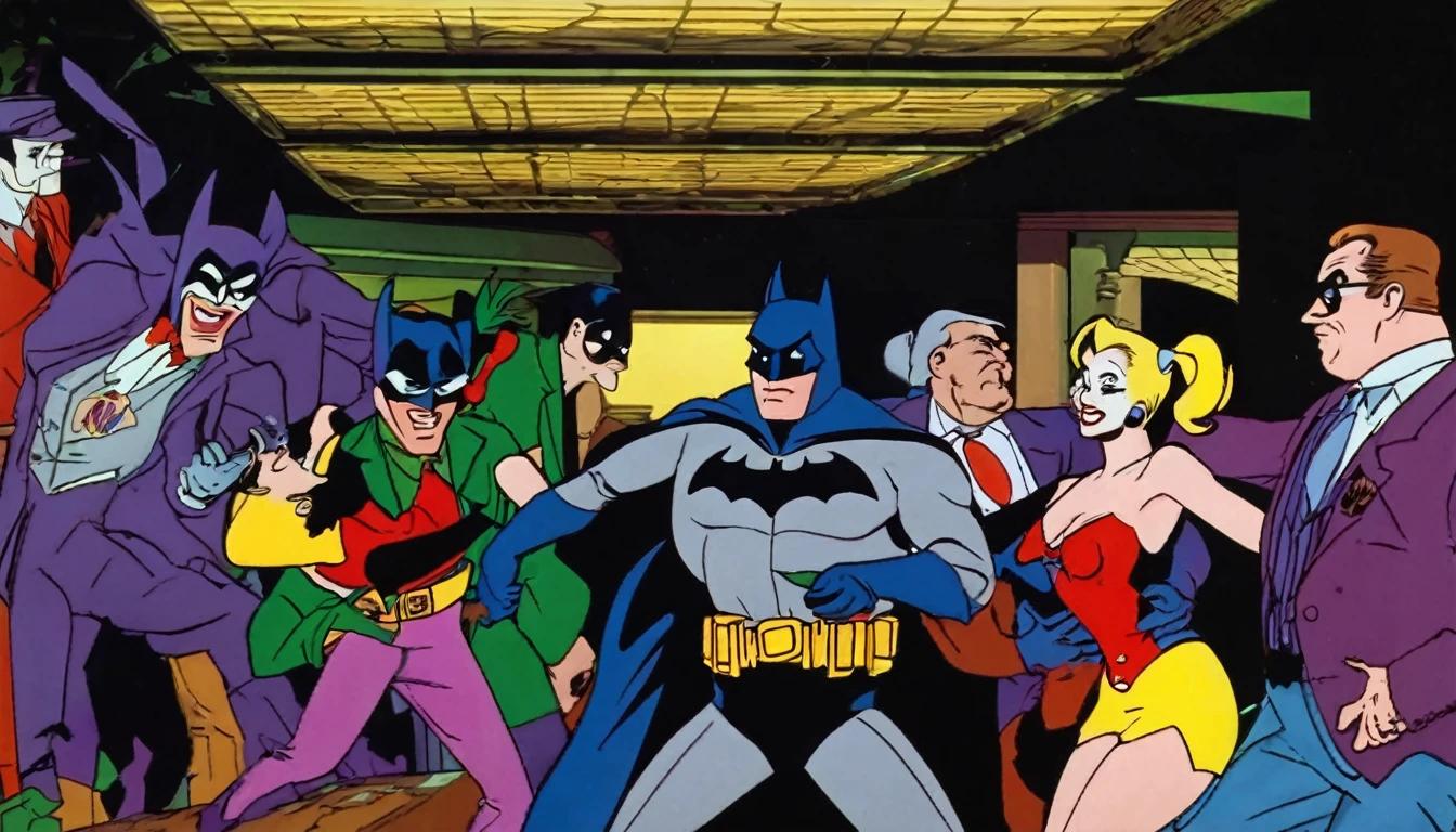 (90s cartoon, Batman the Animated series), Batman is confronting the Joker, Harley Quinn, and henchmen as he stops a robbery at a swanky .