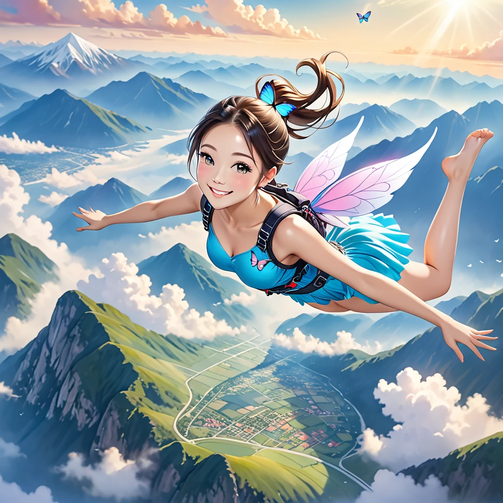 a soaring fairy with 2 butterfly wings in a revealing dress floating in the air 10 meters high over a mountain, skydiving, with a polite smile, ponytail ,laying on stomach