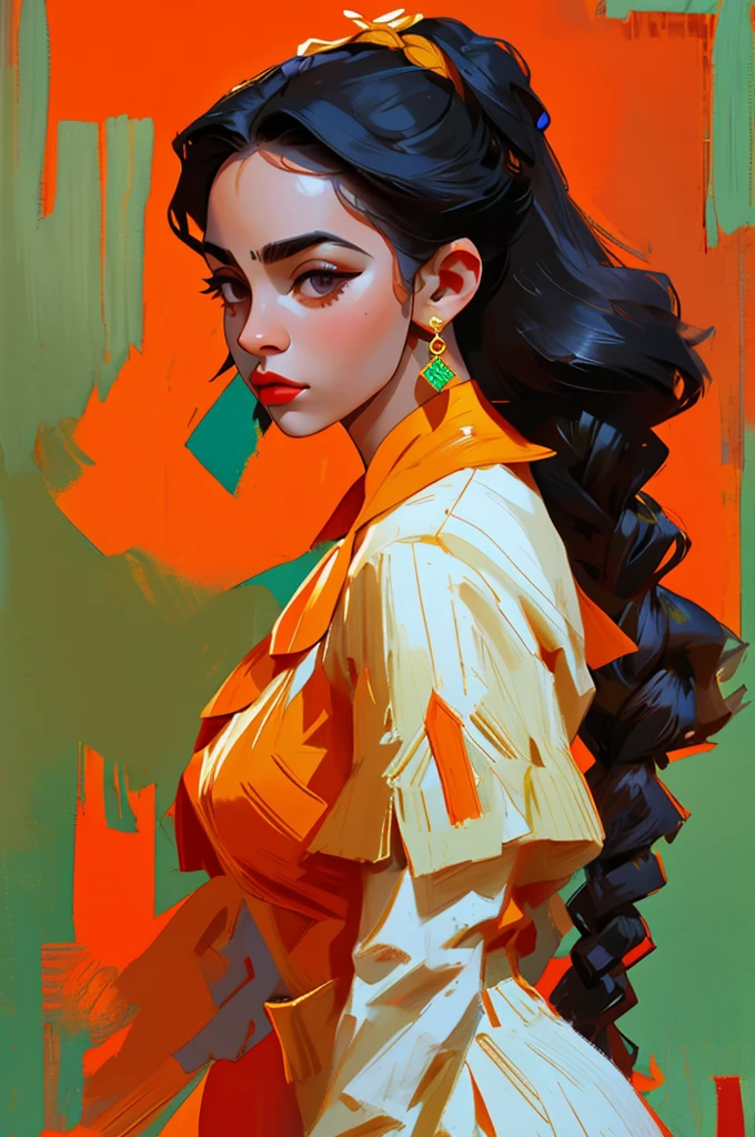 obra-prima, melhor qualidade, 1 garota, sozinho, top cropped elegante, cabelo ruivo vibrante, elegant braid, franja suave, Coleiras, (rabiscos:1.5), splashes of artistic ink, arms back, encostado na parede, olhando para o visualizador, fashion armbands, estilo hip-hop, saias sexy, Tilting head playfully, intense expression, laranja quente, Asymmetrical dynamic design, Bold geometric shapes, arte de rua criativa