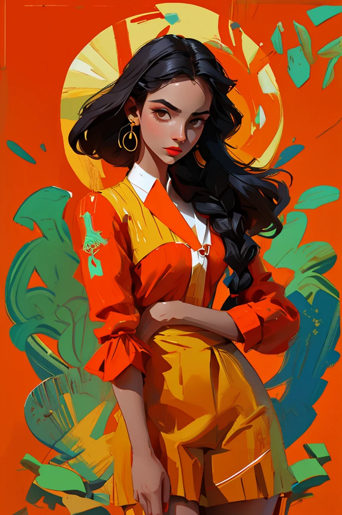 obra-prima, melhor qualidade, 1 garota, sozinho, top cropped elegante, cabelo ruivo vibrante, elegant braid, franja suave, Coleiras, (rabiscos:1.5), splashes of artistic ink, arms back, encostado na parede, olhando para o visualizador, fashion armbands, estilo hip-hop, saias sexy, Tilting head playfully, intense expression, laranja quente, Asymmetrical dynamic design, Bold geometric shapes, arte de rua criativa