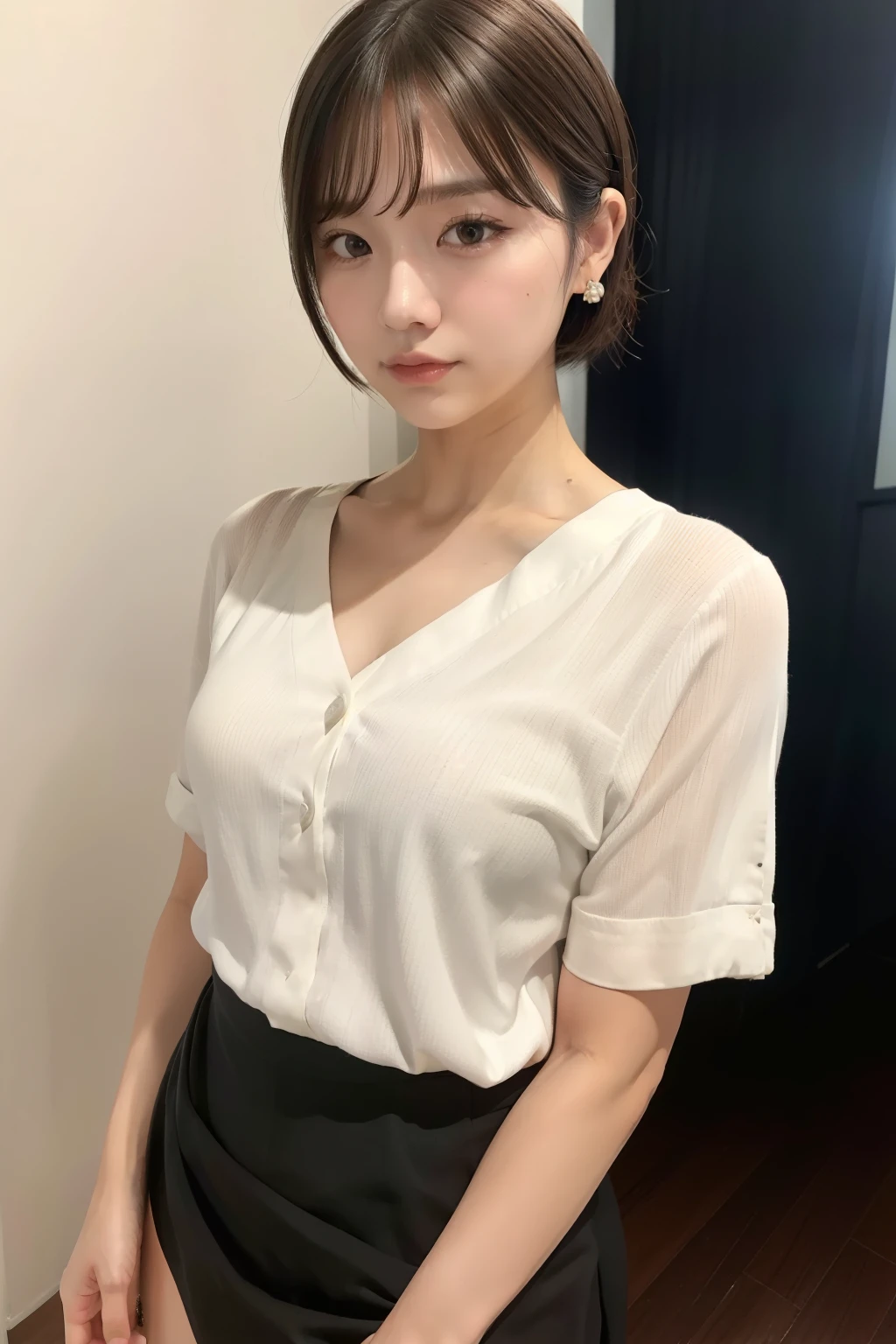 (Short-sleeved shirt, Draped skirt, panties: 1.1), ((of the highest quality, 8K, masterpiece: 1.3, Raw photo)), Sharp Focus: 1.2, (1 Japanese Girl :1.1), (Solo: 1.15), (Realistic, Photorealistic: 1.37), (Face Focus: 1.1), Cute face, hyper-detailed face, Short messy hair, multi color hair, updo, Small breasts, flat chest, ((no background: 1.5))