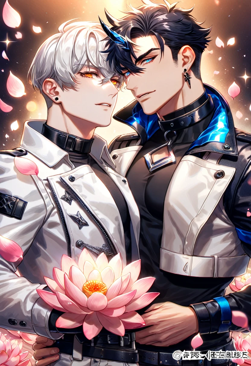 absurdres, highres, ultra detailed, HDR) master piece, best quality, Flamebringer, black hair, expressive orange eyes, black tight shirt, cropped leather jacket, black collar, black earrings, Arknights, Executor, white hair, expressive blue eyes, white coat, two men together, yaoi, gay couple, handsome, toned chest, magical fantasy, pink butterflies, glittering, sparkling, pink lotus, petals, radiant, water