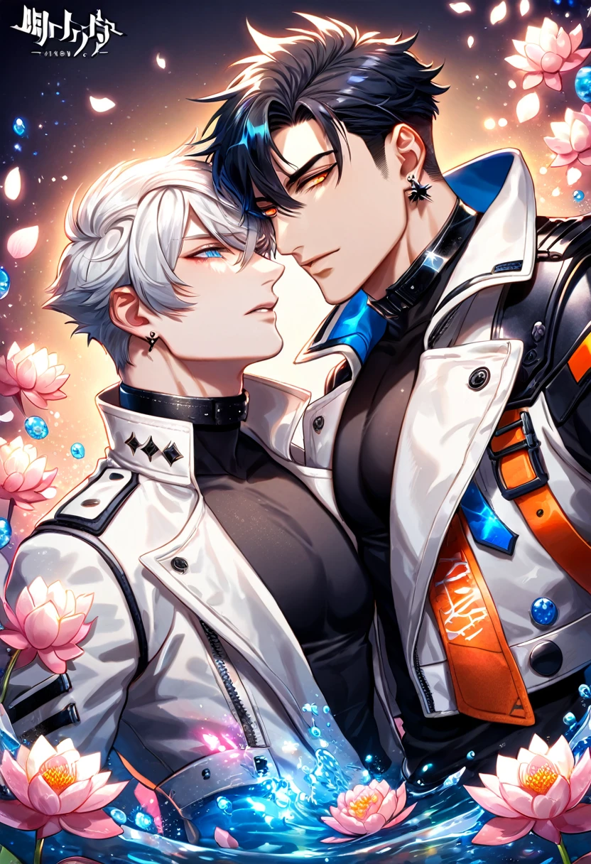 absurdres, highres, ultra detailed, HDR) master piece, best quality, Flamebringer, black hair, expressive orange eyes, black tight shirt, cropped leather jacket, black collar, black earrings, Arknights, Executor, white hair, expressive blue eyes, white coat, two men together, yaoi, gay couple, handsome, toned chest, magical fantasy, pink butterflies, glittering, sparkling, pink lotus, petals, radiant, water