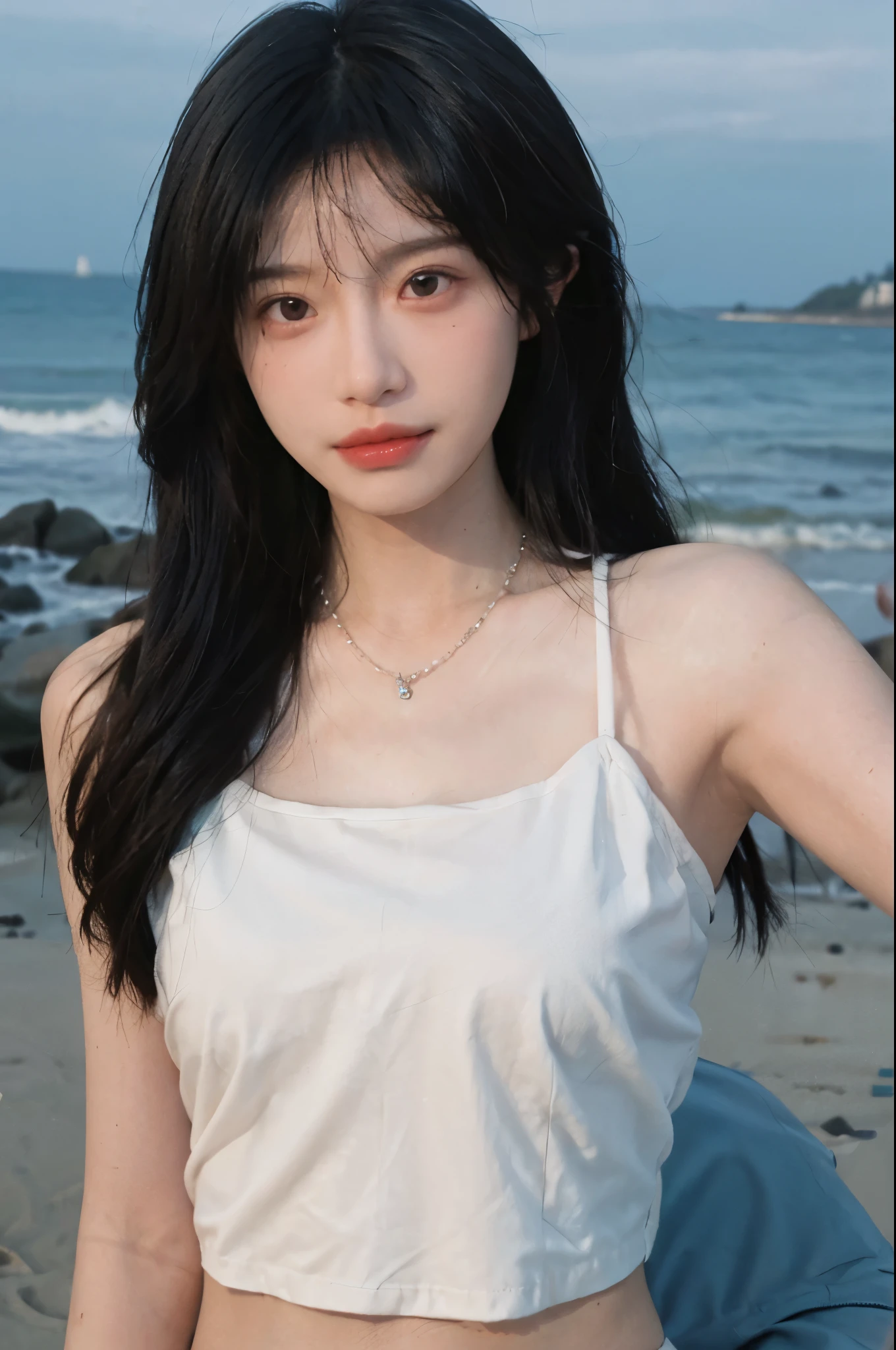 Best quality,Ultra-high resolution,(lifelike:1.4),Cute hairpin,2girll,Long curly hair,jk,Blush,Slim beauty:1.4,Visible abdominal muscles,on the beach,Ultra-fine face,Exquisite eyes,Double eyelids,necklace
