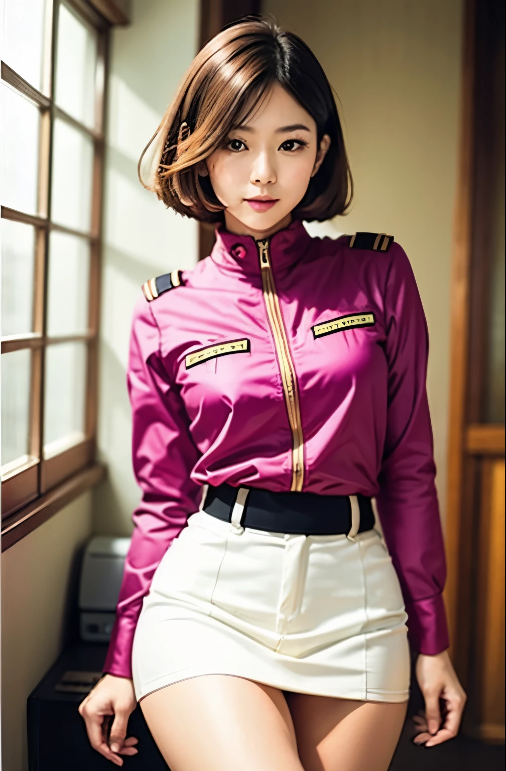 Actual Photos、Highest imYear quality、Realistic、Beautiful woman、白いPantiesとBeautiful thighs、Beautiful Face、real imYear、Federal Army Uniform Miniskirt、Panties、ponytail、Yuriko Yoshitaka、16Year日本人女性、Zuo々Ki Nozomi:1.4、pretty girl、ピンクのPantiesーが見える、1６Year、（白いPantiesー:1.3）、Ultra mini skirt、Beautiful thighs、ピンクのPantiesー、赤いミニスカートがめくれてピンクのPantiesーが見えてる