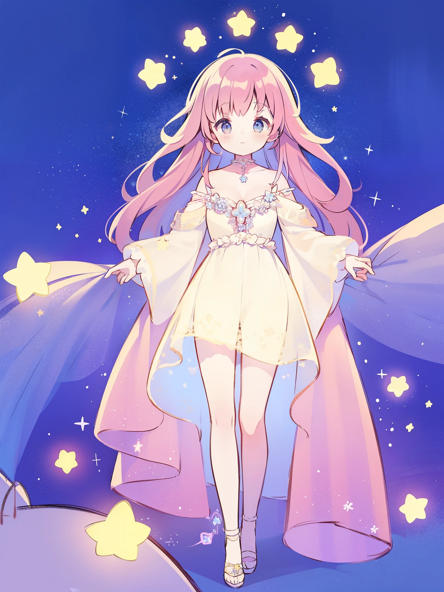 complex background, wishing star background, a woman wearing an ethereal mystical translucent dress that reflects the stars, mystic, complex drawing, highly detailed, ethereal, starry night, midjourney style