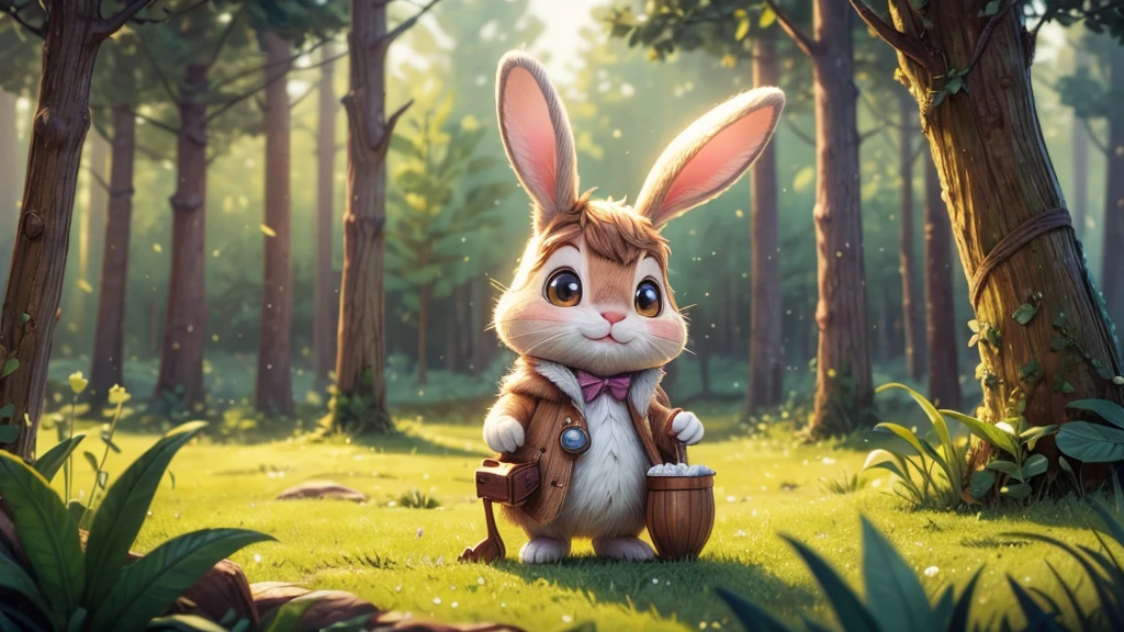 a cute peter rabbit,1 rabbit,detailed portrait,closeup,furry bunny,big eyes,long ears,small nose,adorable expression,cute smile,woodland scene,forest background,natural light,soft colors,pastel tones,warm tones,detailed fur textures,intricate details,vibrant colors,photorealistic,highly detailed,masterpiece,cinematic lighting,award winning art