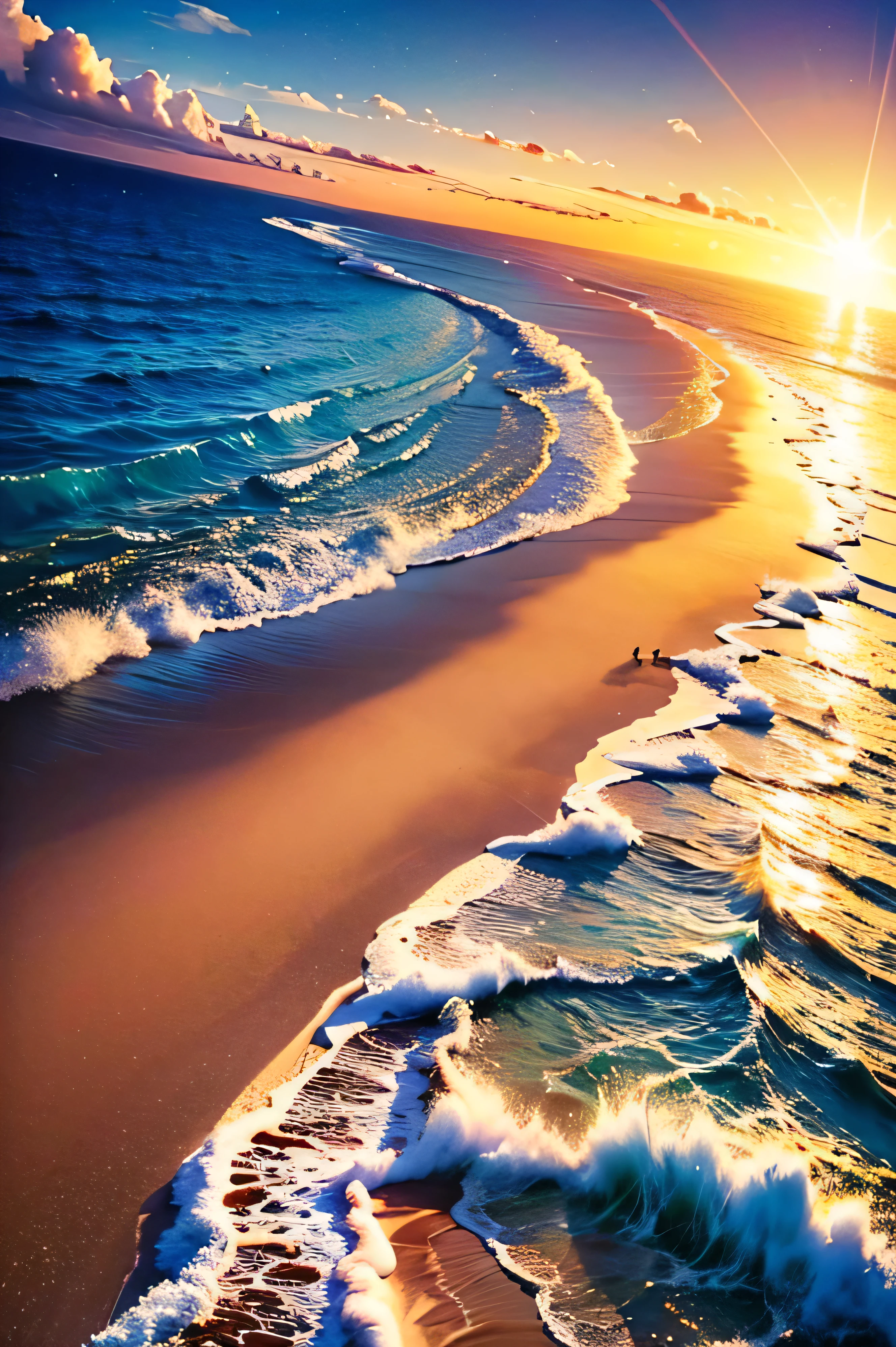 Hyper realistic 8k, ultra detailed, (Best Quality digital illustration Masterpiece of planet Earth in outer space), ((No Man)), (Beautiful planet Earth Illustration), (Beautiful Beach Shore), (Golden Sand), ((Waves in the distance)), (Bright Sun), (Hyperdetail, Dynamic Camera), (Wide Angle), (Celestial Lighting), (Vivid Colors and Saturation), (trending on artstation), (beautiful sunset), (aqua colored water),